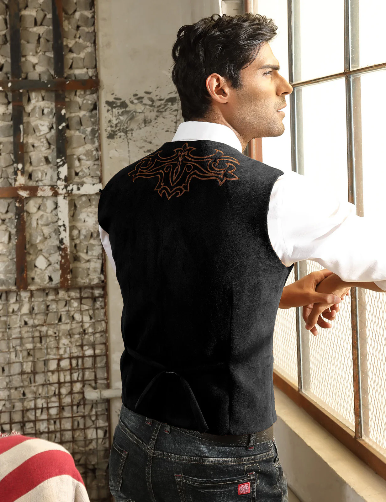 Men's Suede Leather Suit Vest Embroidery Casual Slim Fit Western Vest Waistcoat - Image 13