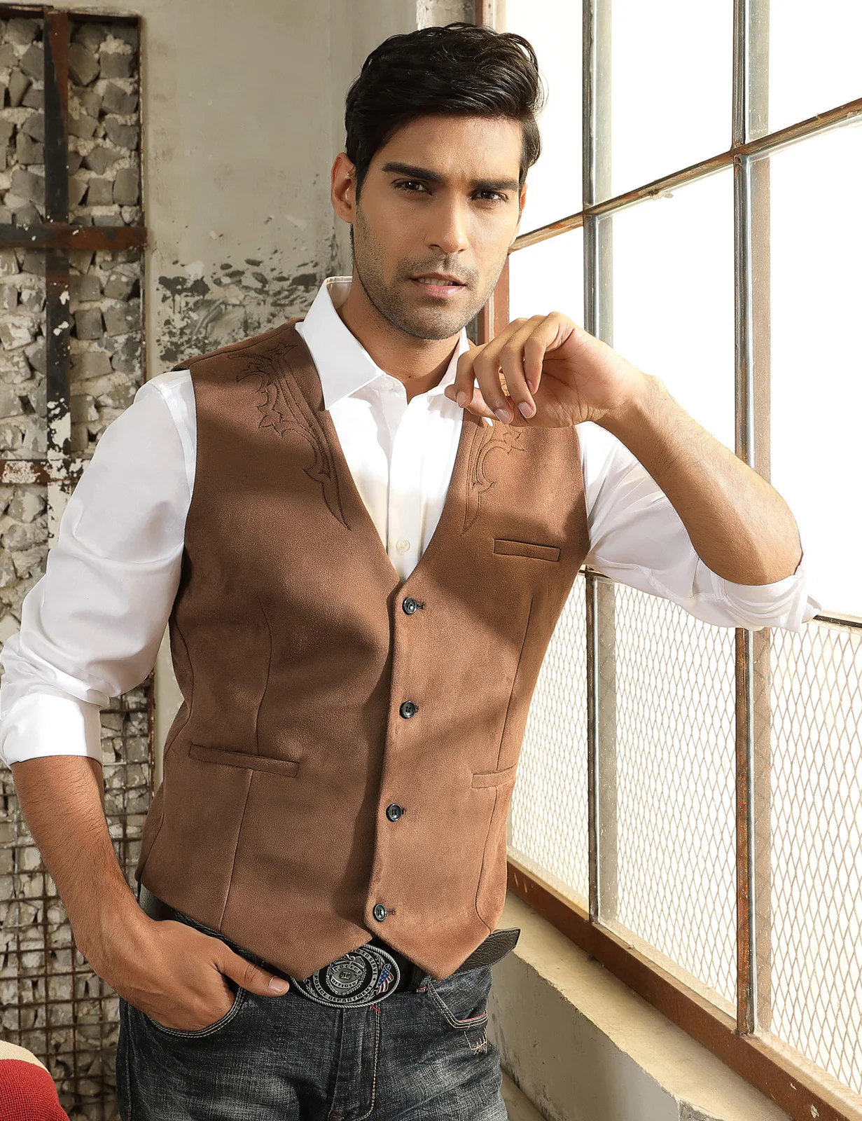 Men's Suede Leather Suit Vest Embroidery Casual Slim Fit Western Vest Waistcoat - Image 6