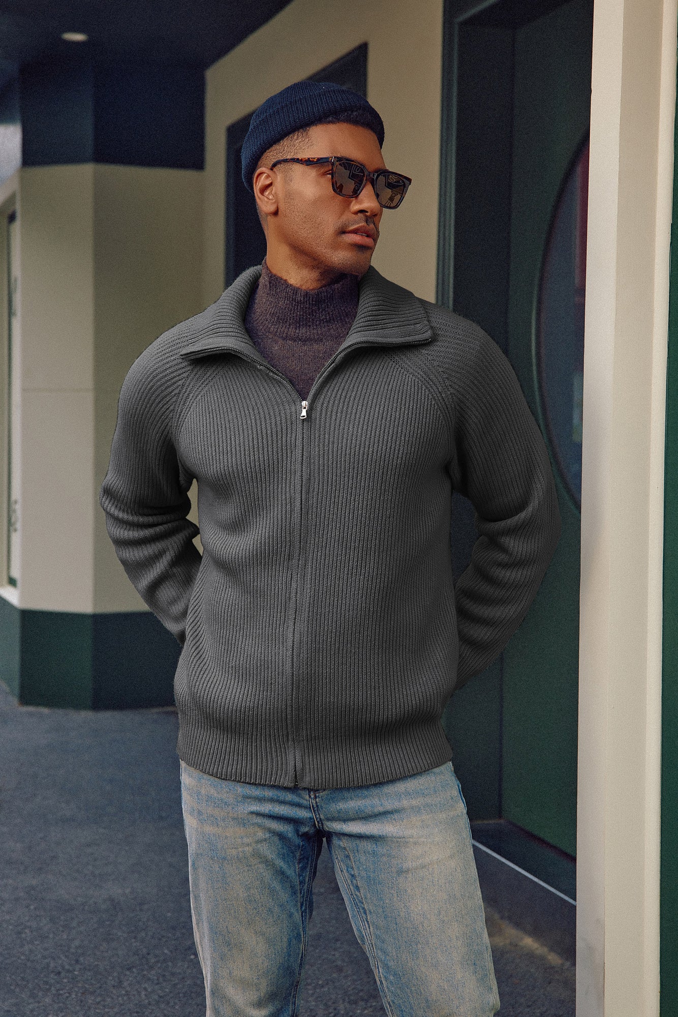 Full Zip Cardigan Sweaters Unisex Lapel Collar Raglan Sleeve Casual Ribbed Sweaters - Image 2