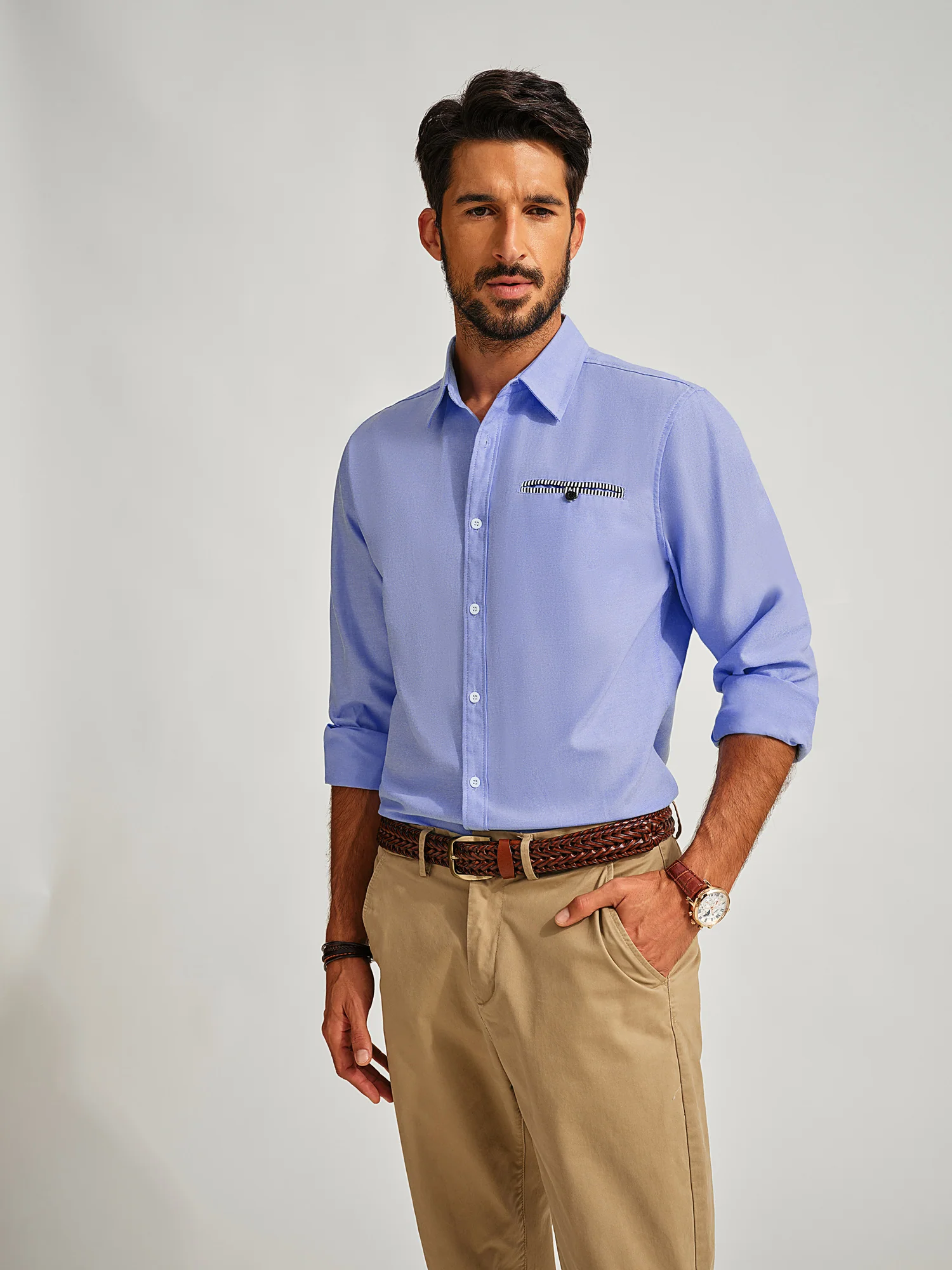 Men Basic Classic Collar Shirt Long Sleeve Curved Hem Button-up Tops - Image 2
