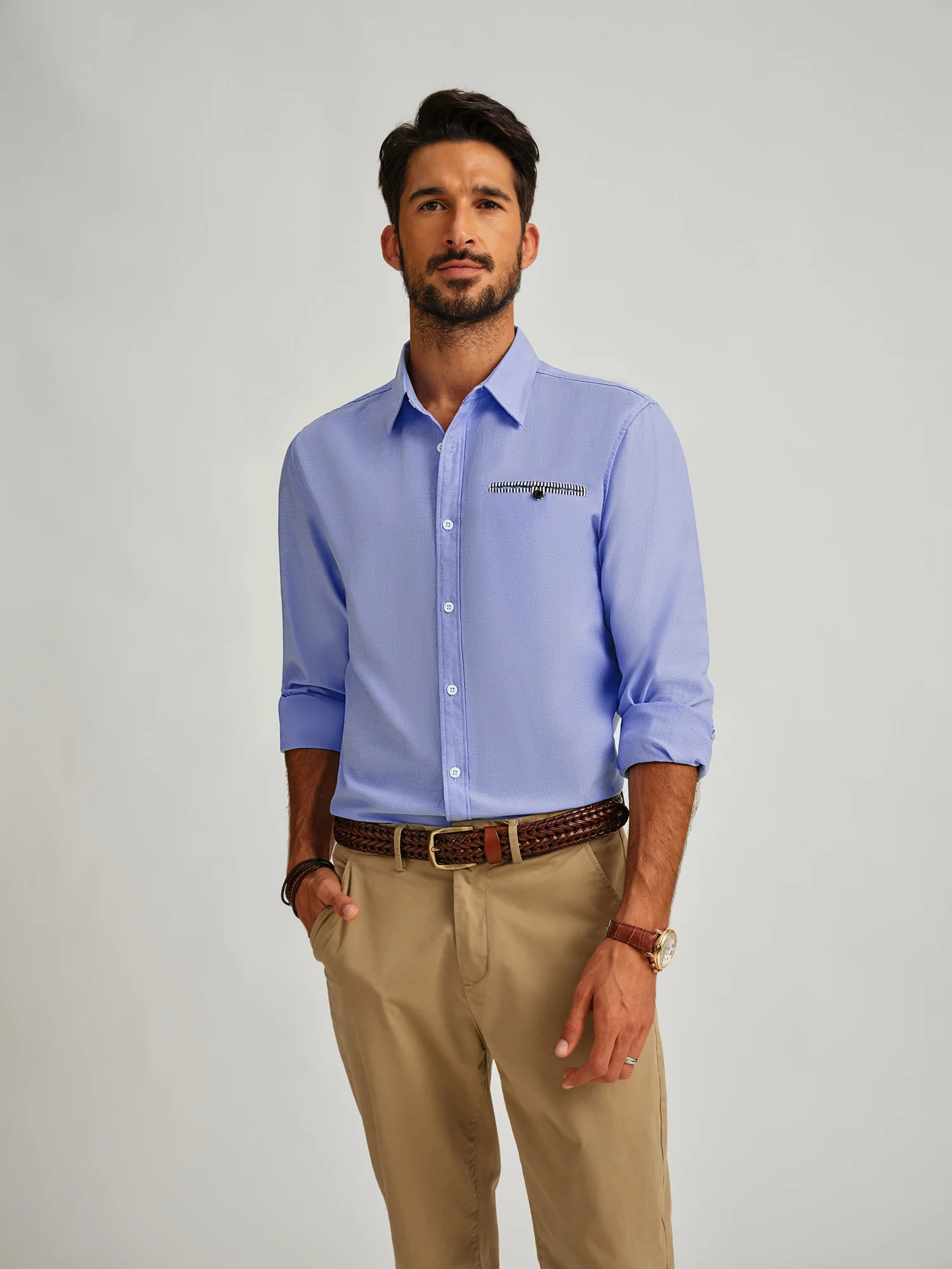 Men Basic Classic Collar Shirt Long Sleeve Curved Hem Button-up Tops - Image 9