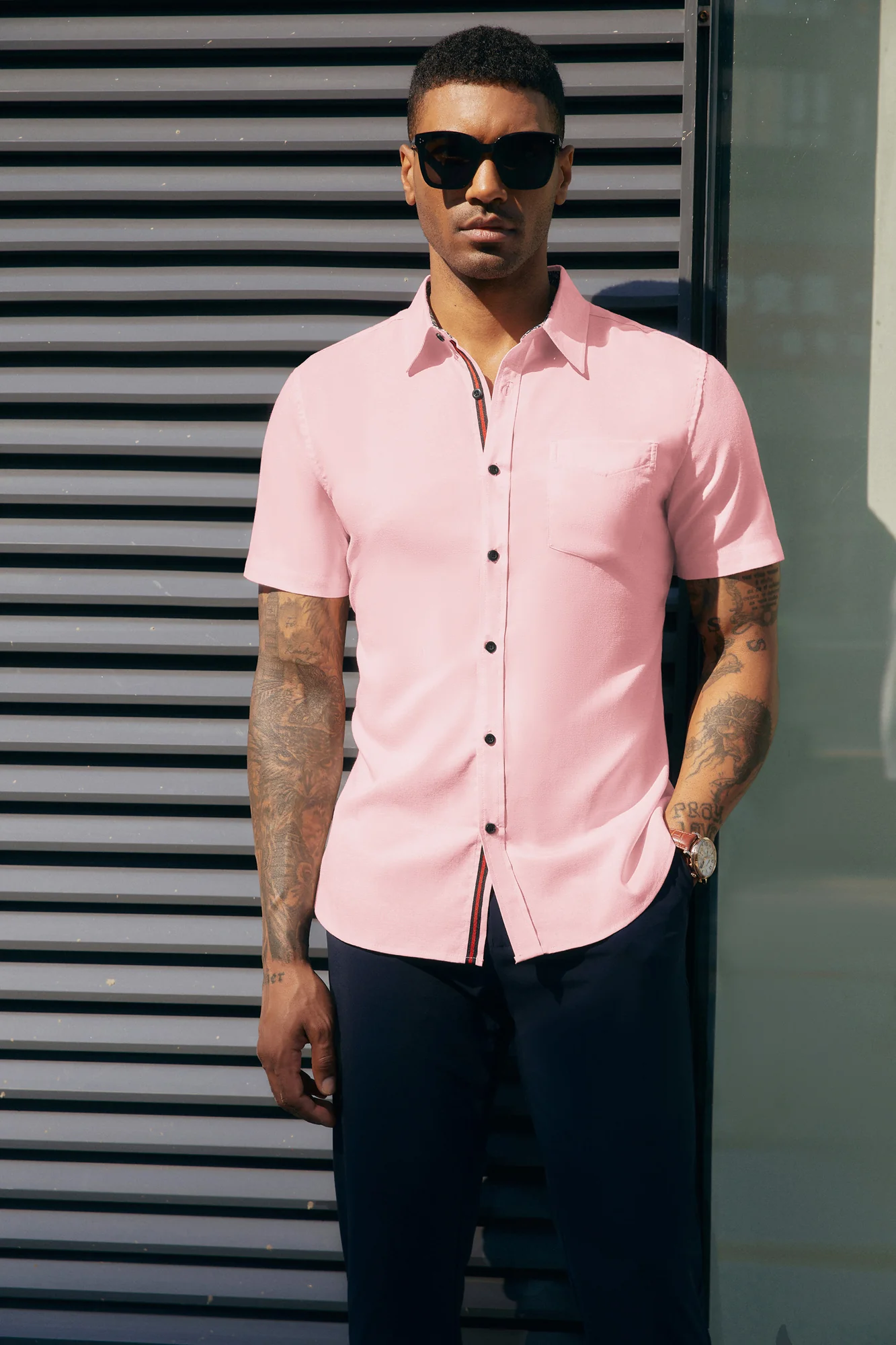 Men Basic Shirt Casual Short Sleeve Classic Collar Button-up Tops - Image 14