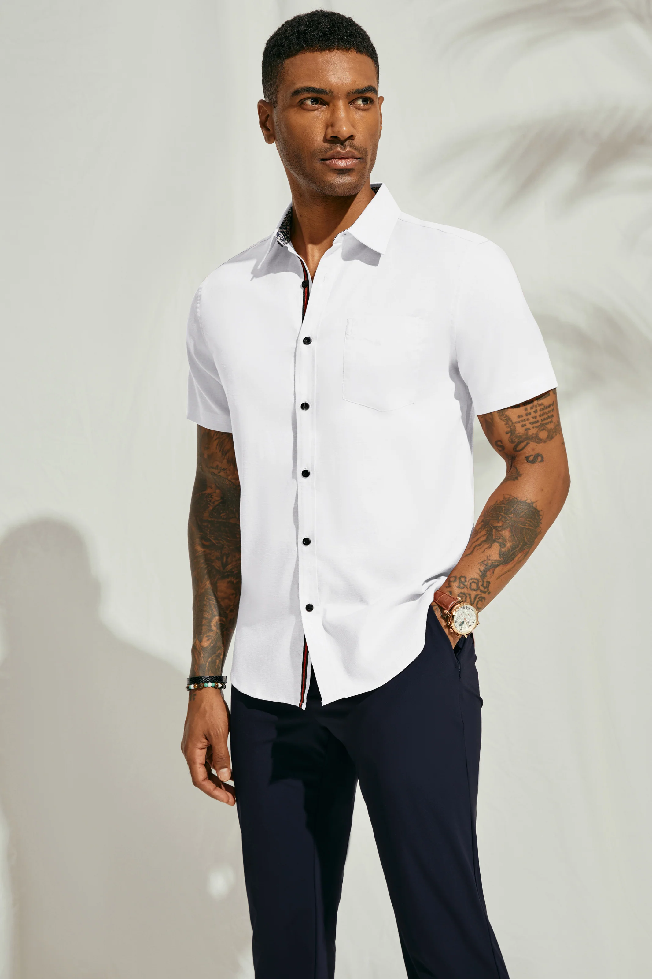 Men Basic Shirt Casual Short Sleeve Classic Collar Button-up Tops - Image 20