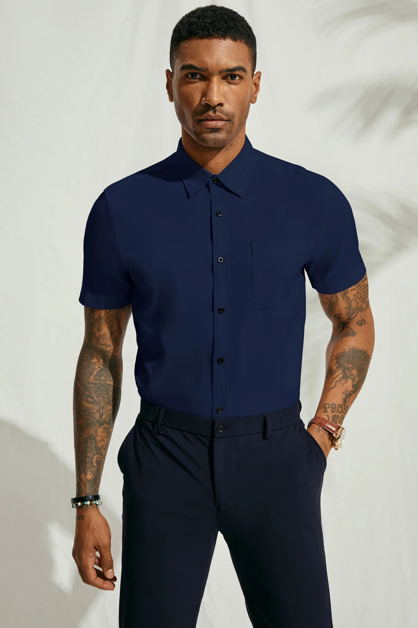 Men Basic Shirt Casual Short Sleeve Classic Collar Button-up Tops - Image 33