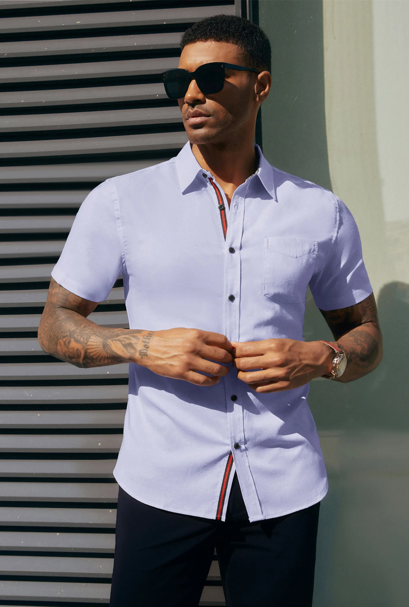 Men Basic Shirt Casual Short Sleeve Classic Collar Button-up Tops - Image 37