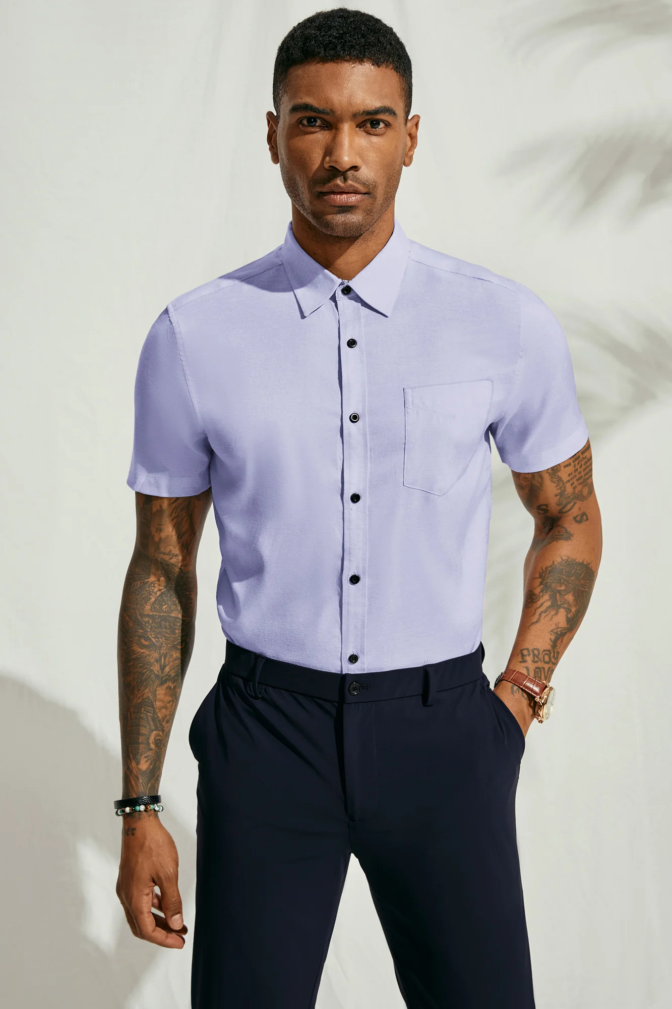 Men Basic Shirt Casual Short Sleeve Classic Collar Button-up Tops - Image 38