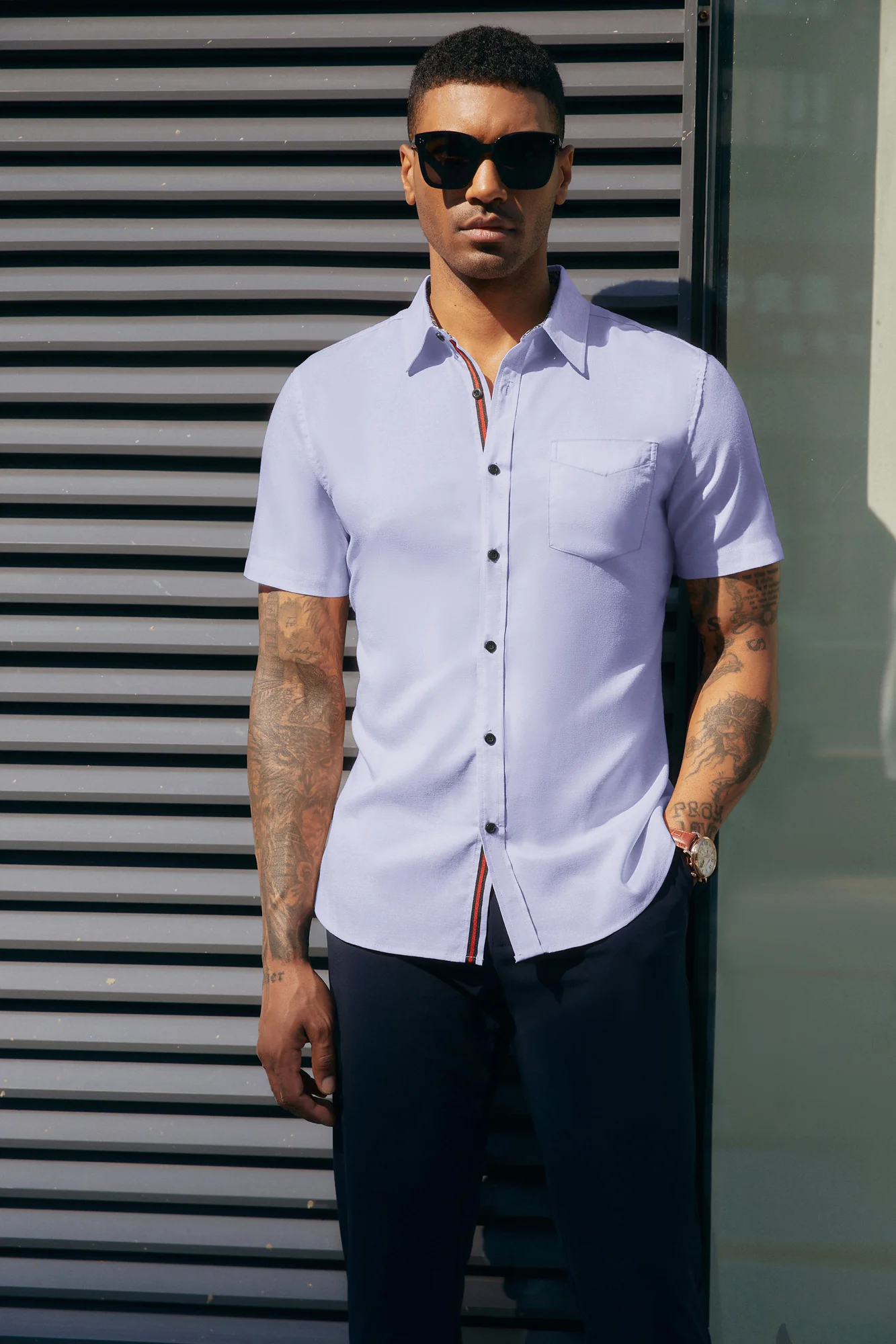 Men Basic Shirt Casual Short Sleeve Classic Collar Button-up Tops - Image 39