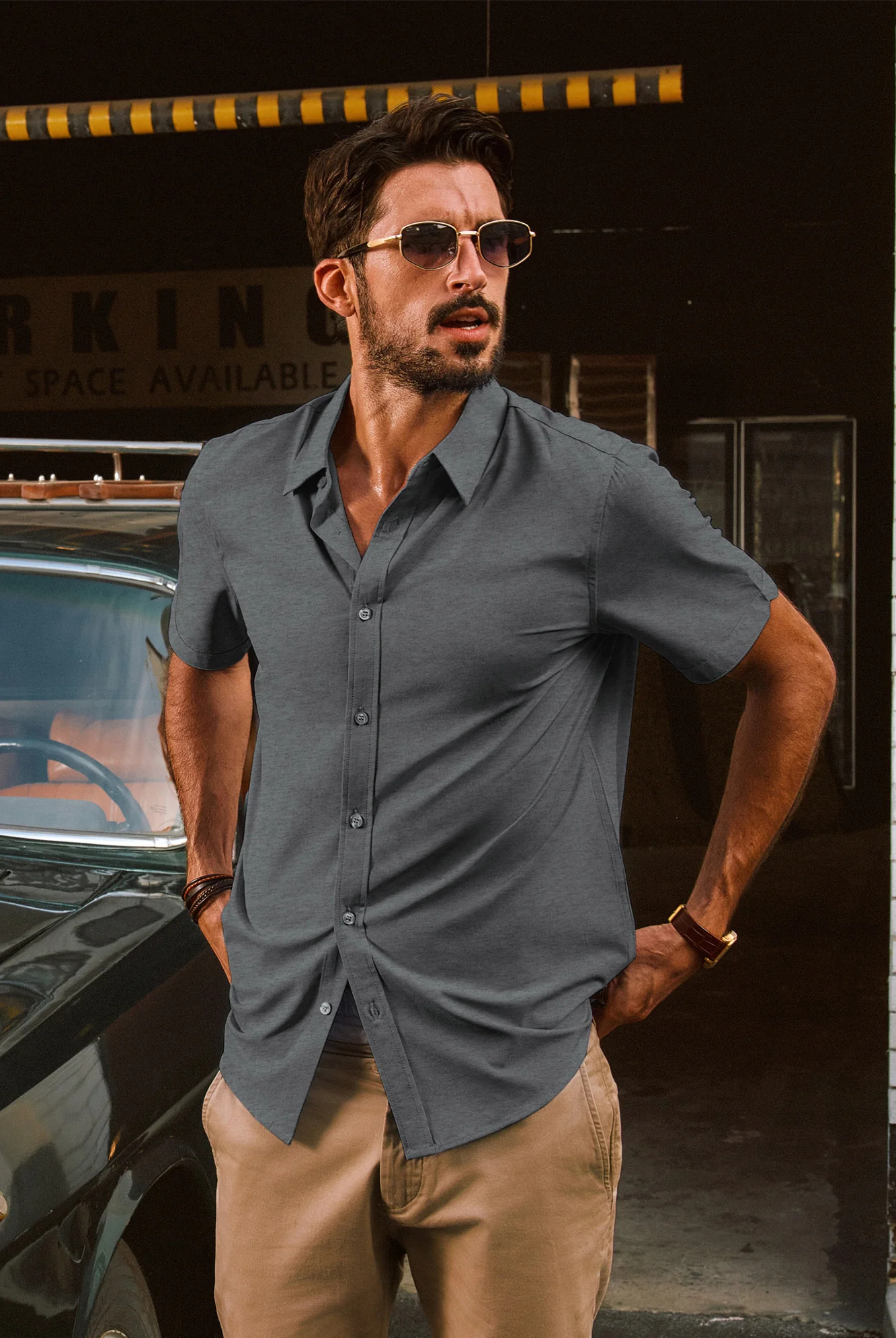 Men Basic Shirt Casual Short Sleeve Classic Collar Curved Hem Shirt Tops - Image 17