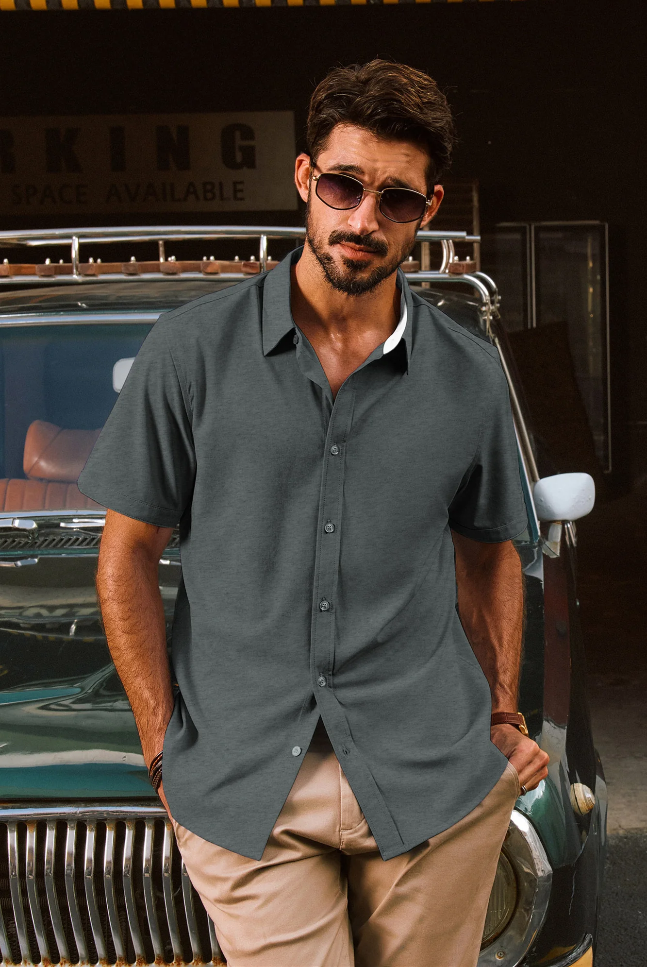 Men Basic Shirt Casual Short Sleeve Classic Collar Curved Hem Shirt Tops - Image 22