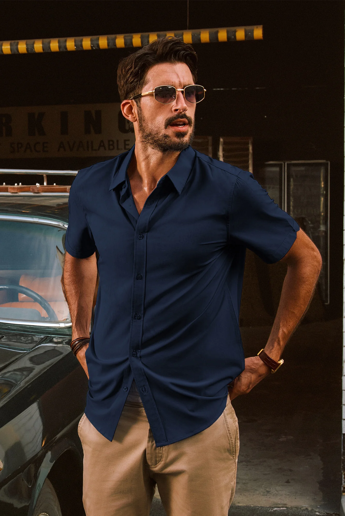 Men Basic Shirt Casual Short Sleeve Classic Collar Curved Hem Shirt Tops - Image 25