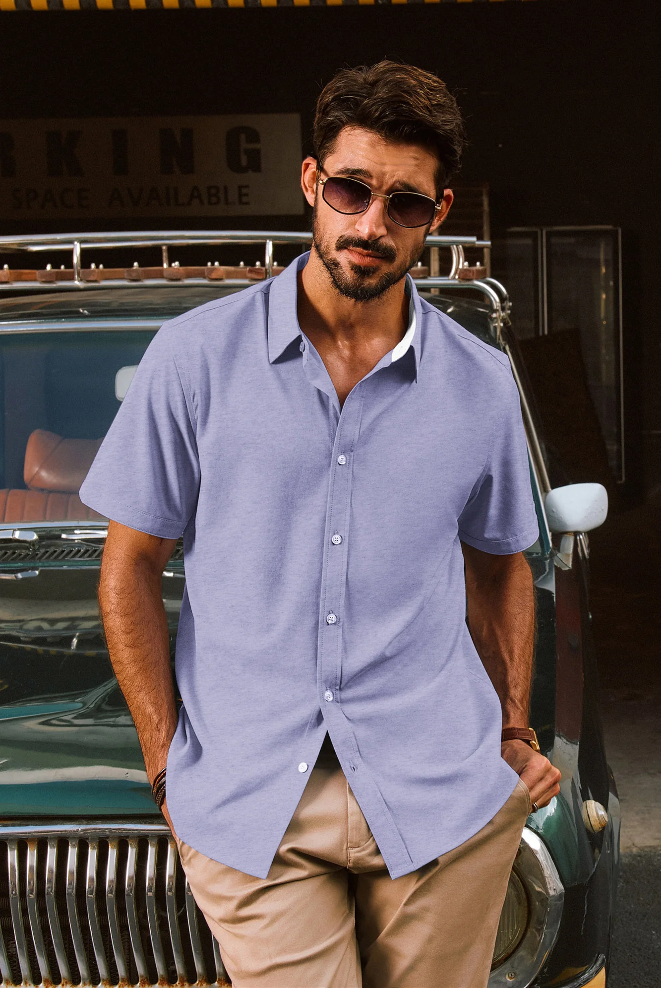 Men Basic Shirt Casual Short Sleeve Classic Collar Curved Hem Shirt Tops - Image 38