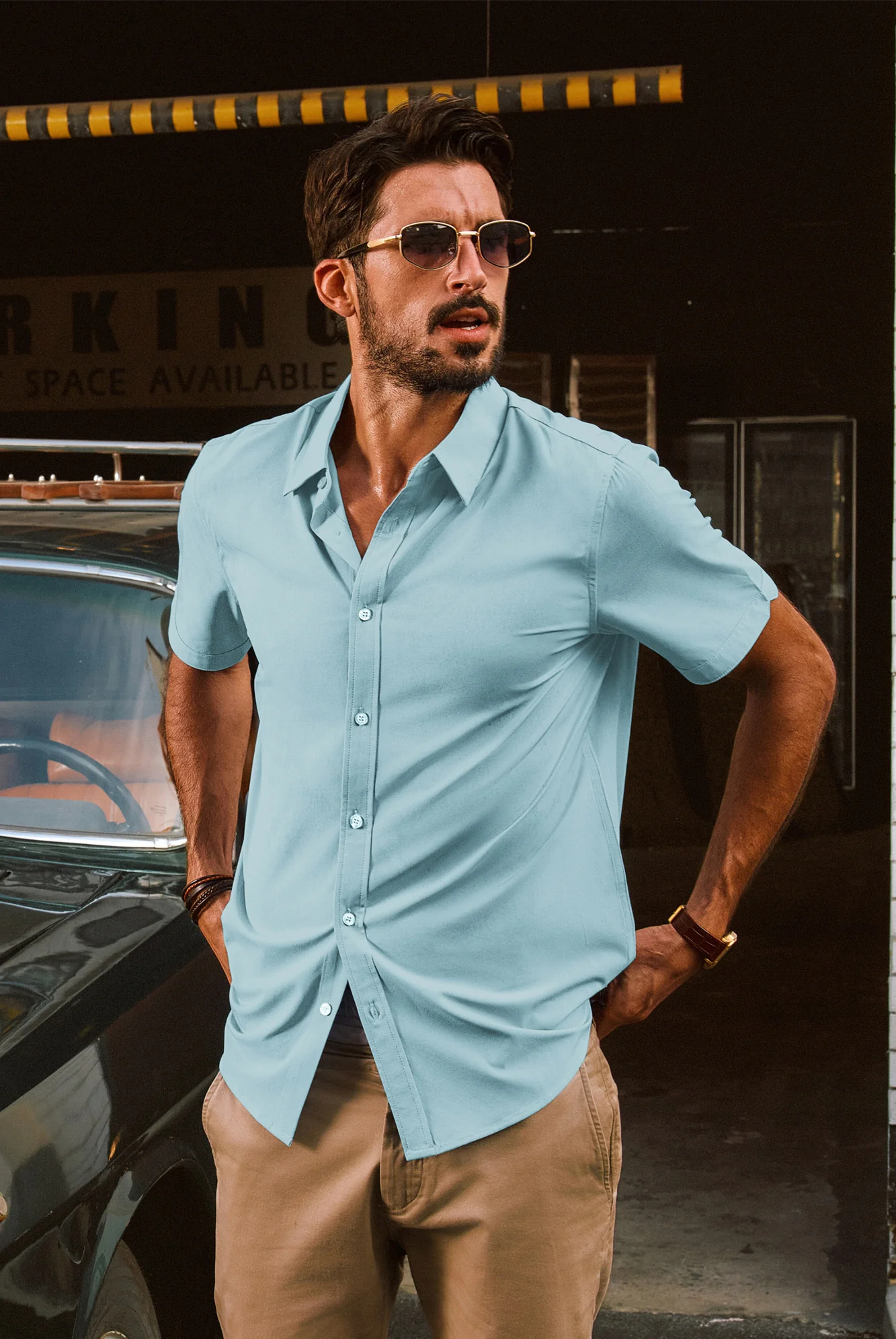 Men Basic Shirt Casual Short Sleeve Classic Collar Curved Hem Shirt Tops - Image 41