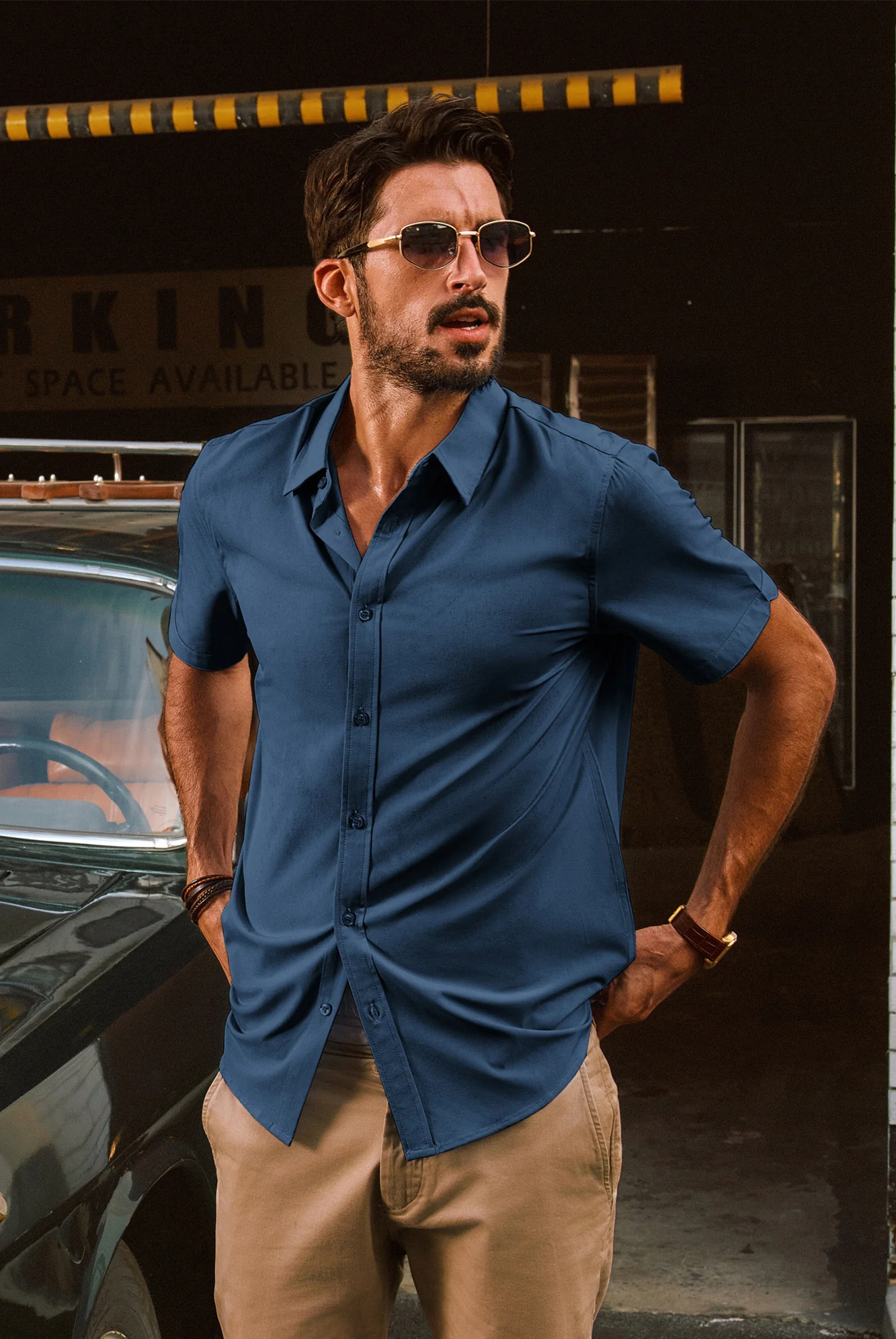 Men Basic Shirt Casual Short Sleeve Classic Collar Curved Hem Shirt Tops - Image 5