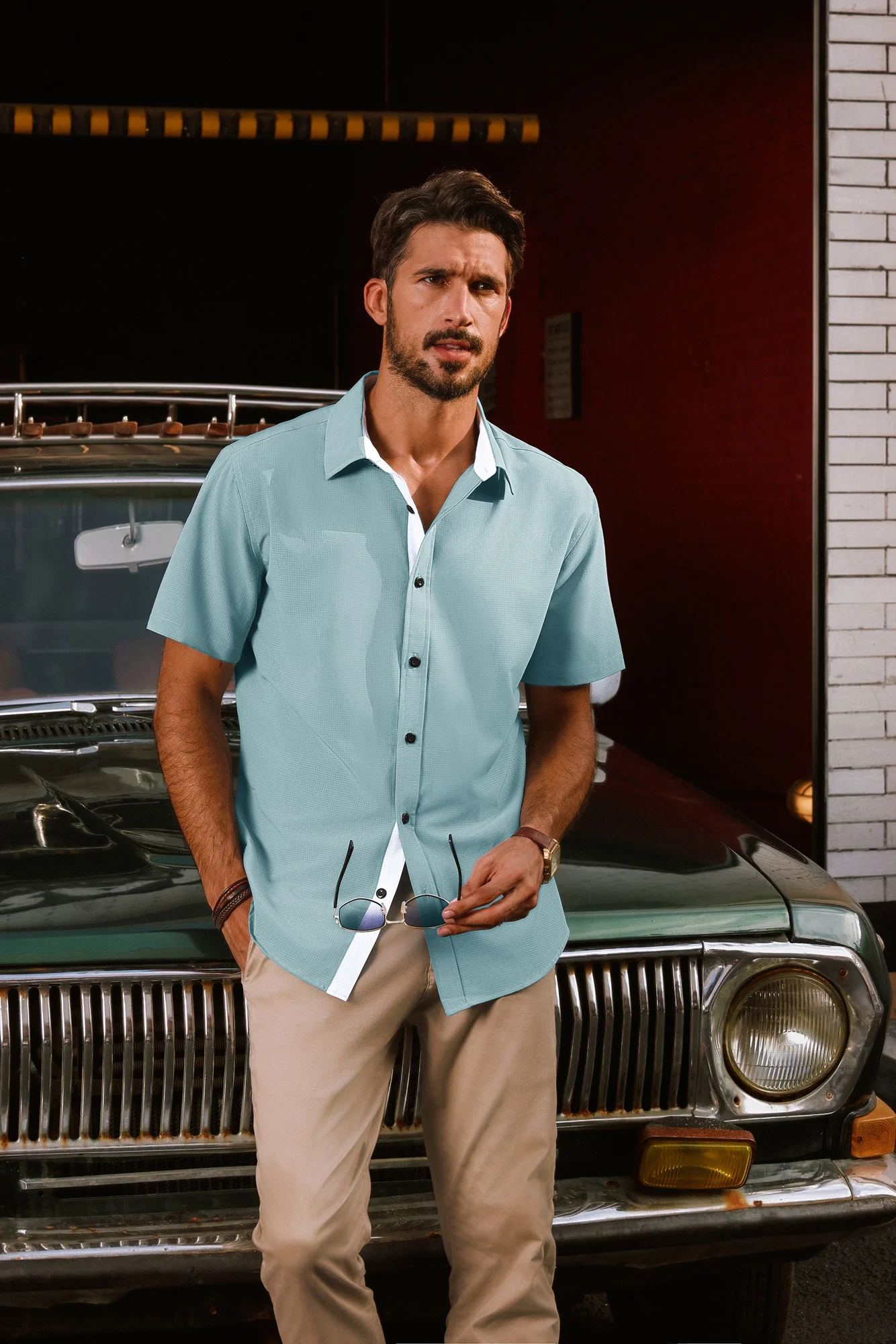 Men Basic Shirt Casual Short Sleeve Classic Collar Curved Hem Shirt Tops - Image 11