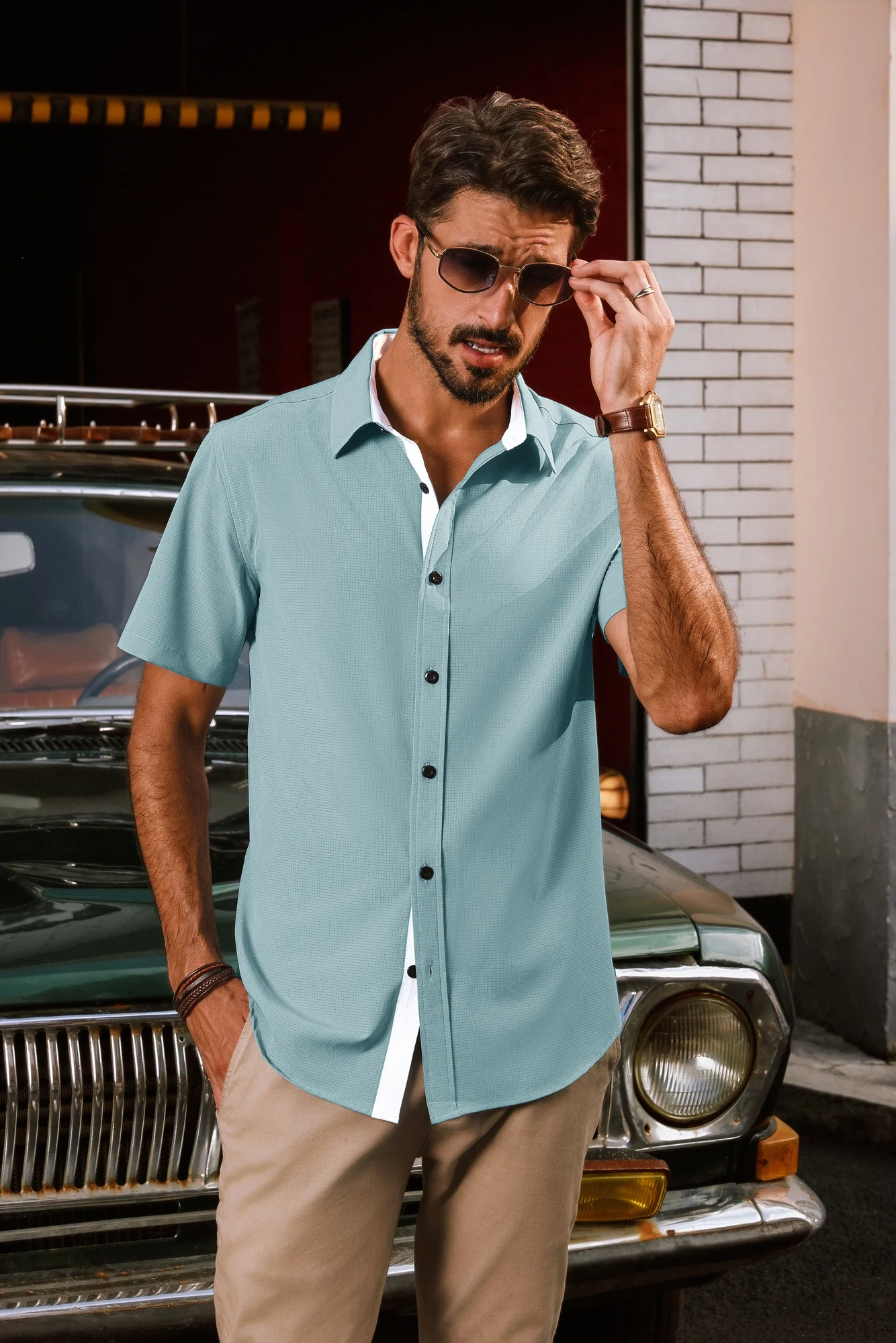 Men Basic Shirt Casual Short Sleeve Classic Collar Curved Hem Shirt Tops - Image 12