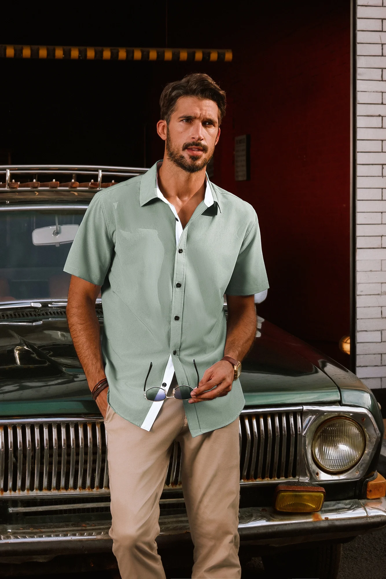 Men Basic Shirt Casual Short Sleeve Classic Collar Curved Hem Shirt Tops - Image 15