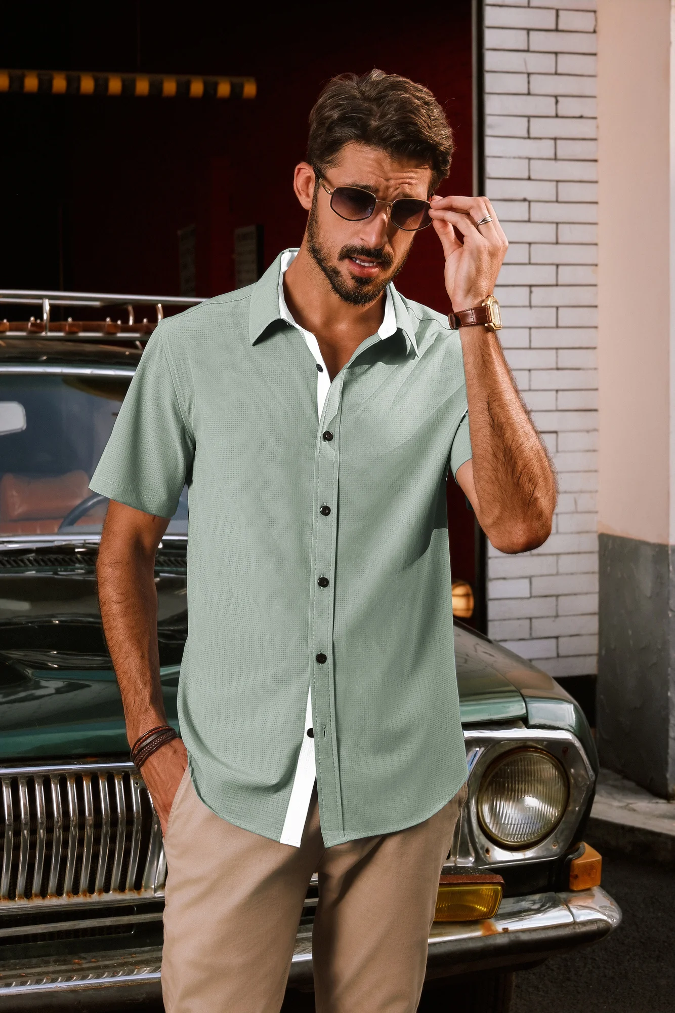 Men Basic Shirt Casual Short Sleeve Classic Collar Curved Hem Shirt Tops - Image 16