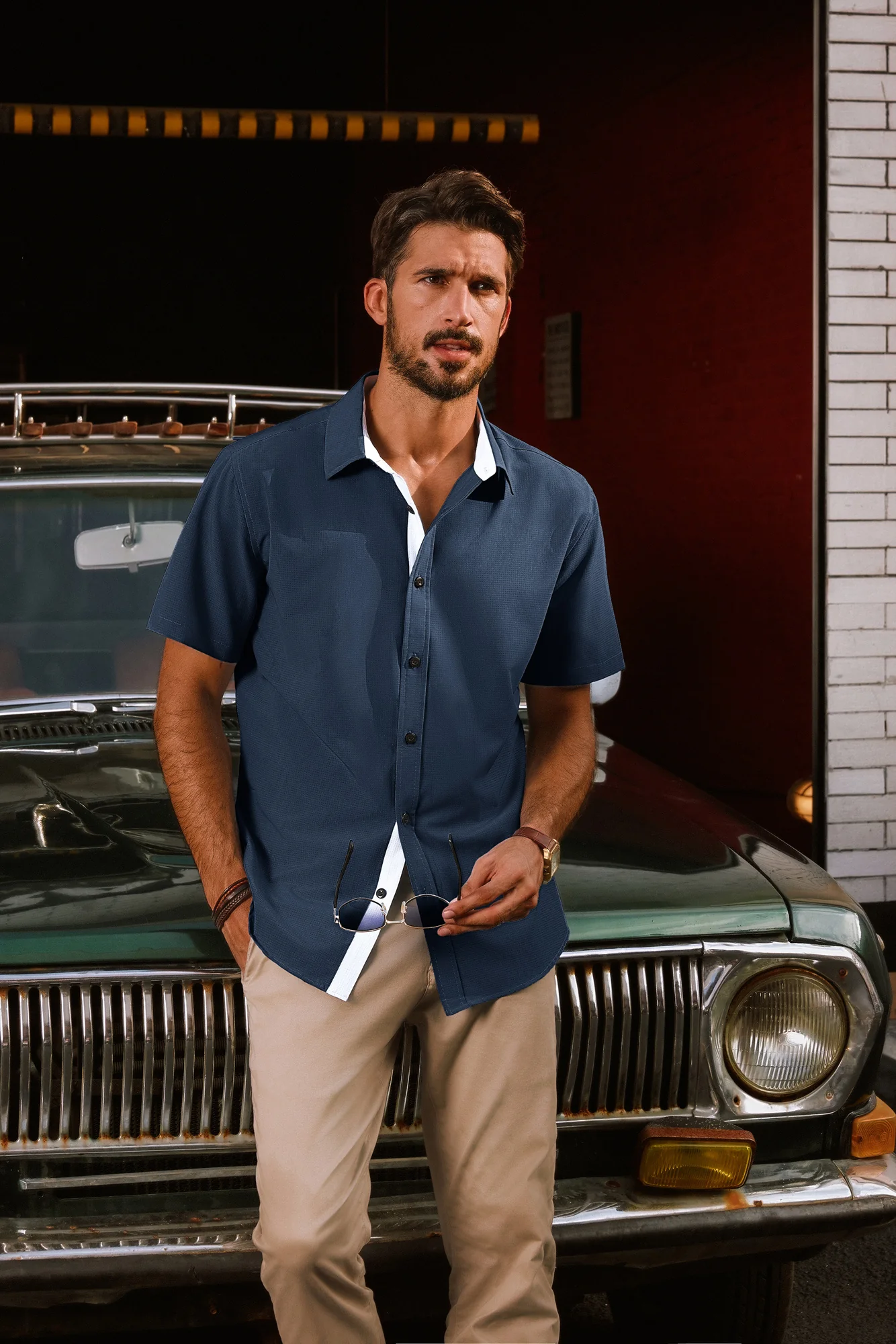 Men Basic Shirt Casual Short Sleeve Classic Collar Curved Hem Shirt Tops - Image 19