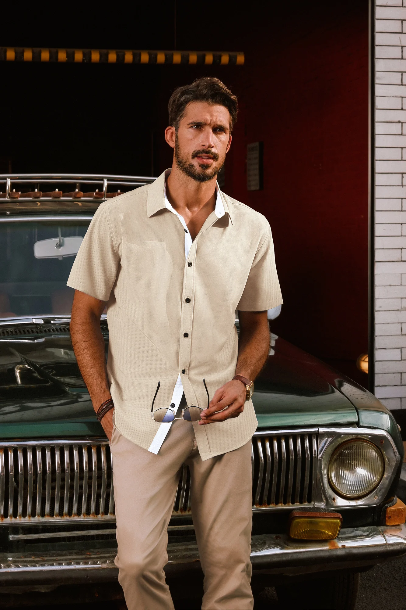 Men Basic Shirt Casual Short Sleeve Classic Collar Curved Hem Shirt Tops - Image 27