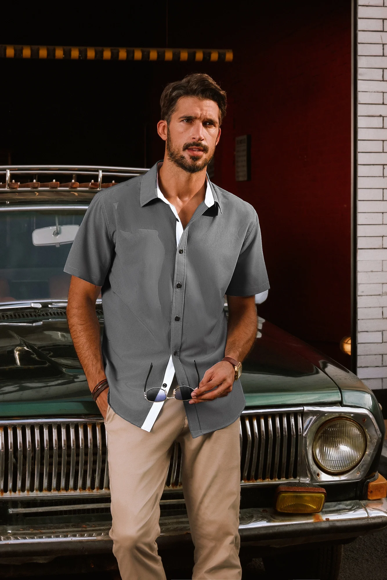 Men Basic Shirt Casual Short Sleeve Classic Collar Curved Hem Shirt Tops - Image 31