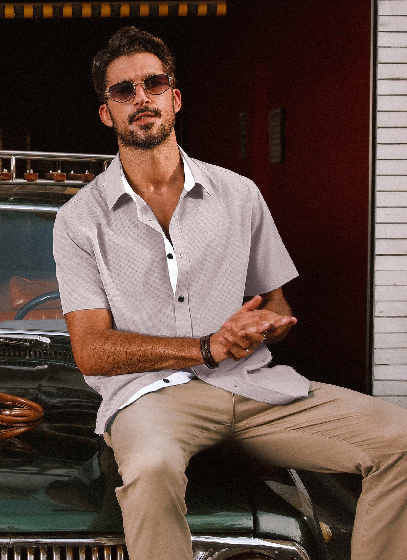 Men Basic Shirt Casual Short Sleeve Classic Collar Curved Hem Shirt Tops - Image 47