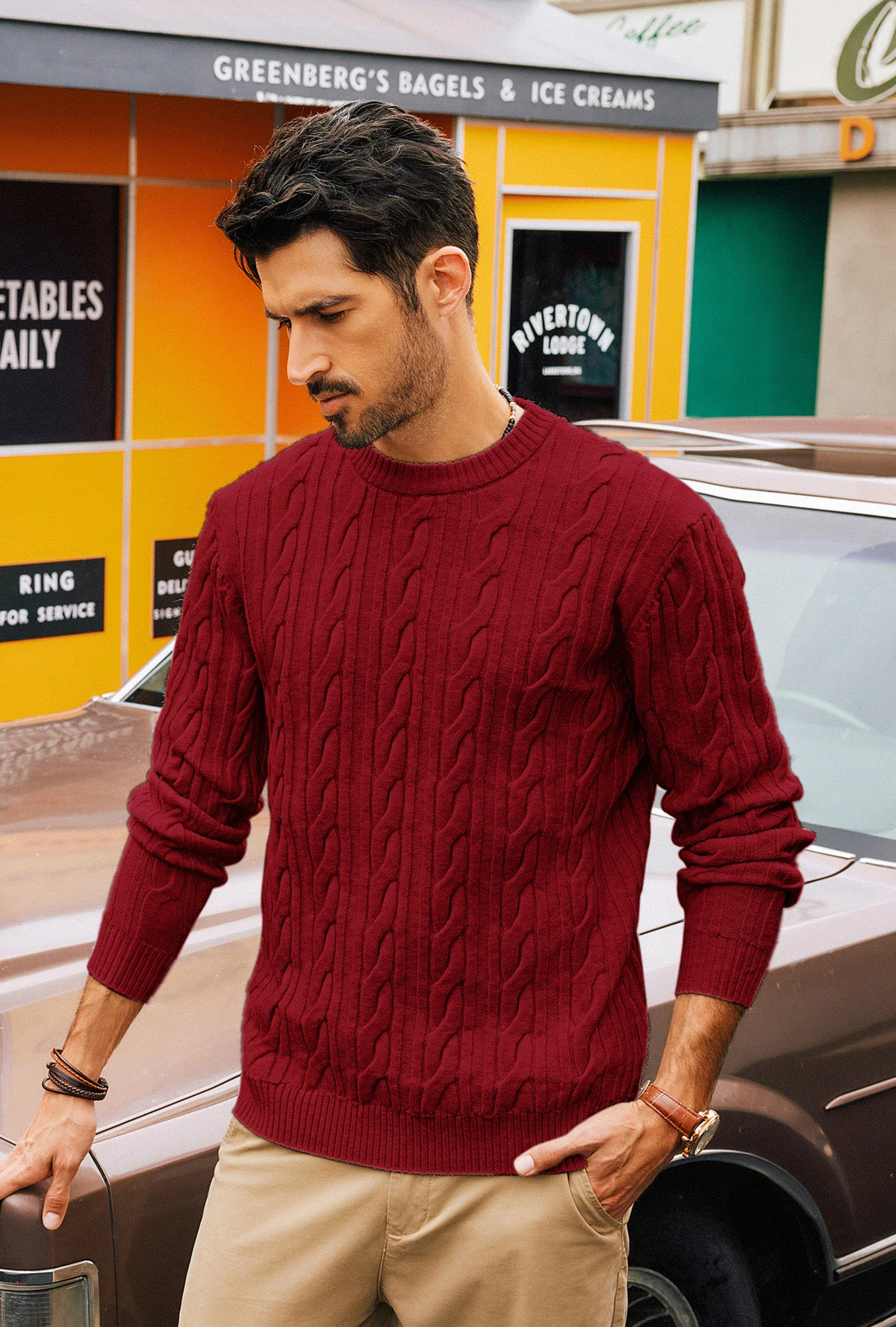 Men Cable Knitted Sweater Long Sleeve Crew Neck Ribbed Cuff Pullover - Image 26