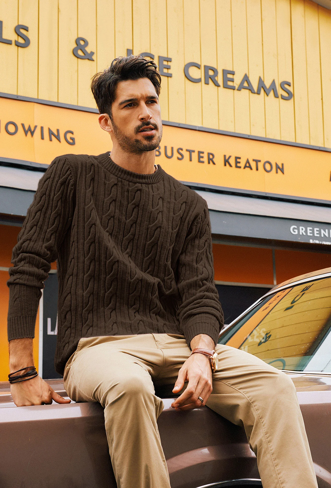 Men Cable Knitted Sweater Long Sleeve Crew Neck Ribbed Cuff Pullover - Image 47