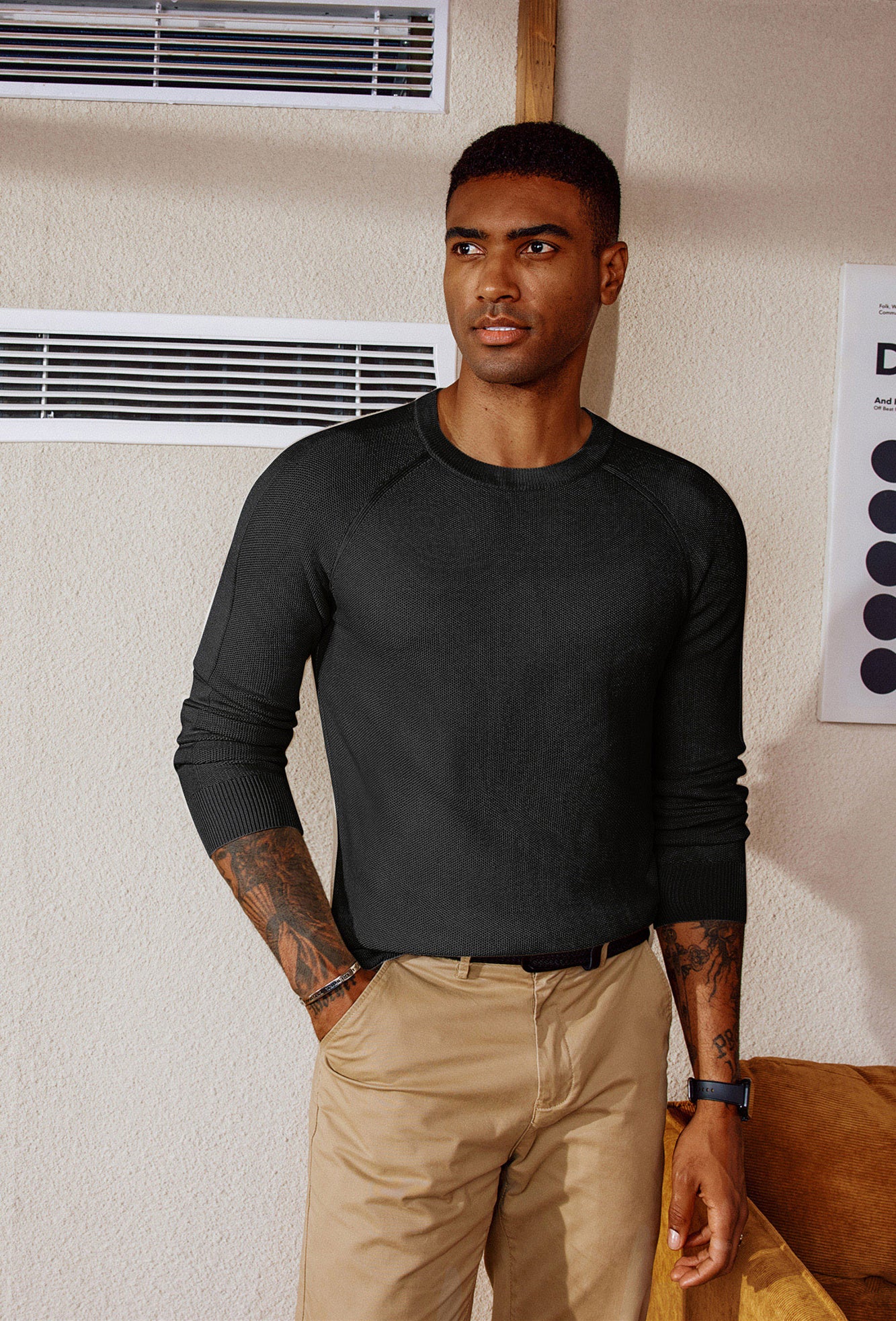 Men Cellular Textured Sweater Long Raglan Sleeve Crew Neck Kitted Tops - Image 4