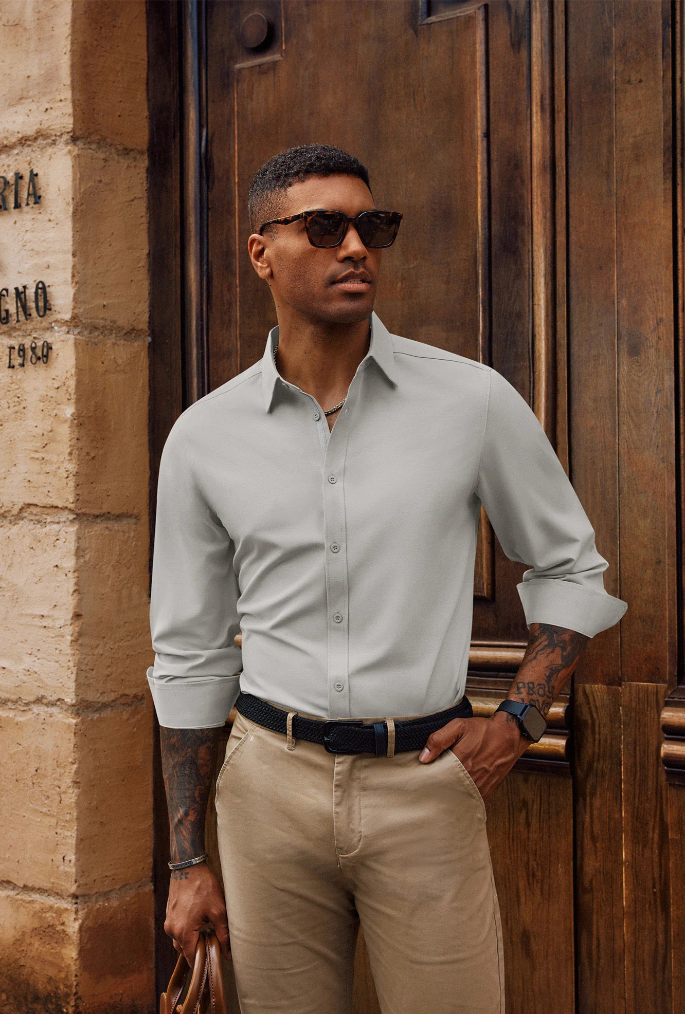 Men Classic Collar Shirt Casual Long Sleeve Curved Hem Button-up Tops - Image 12