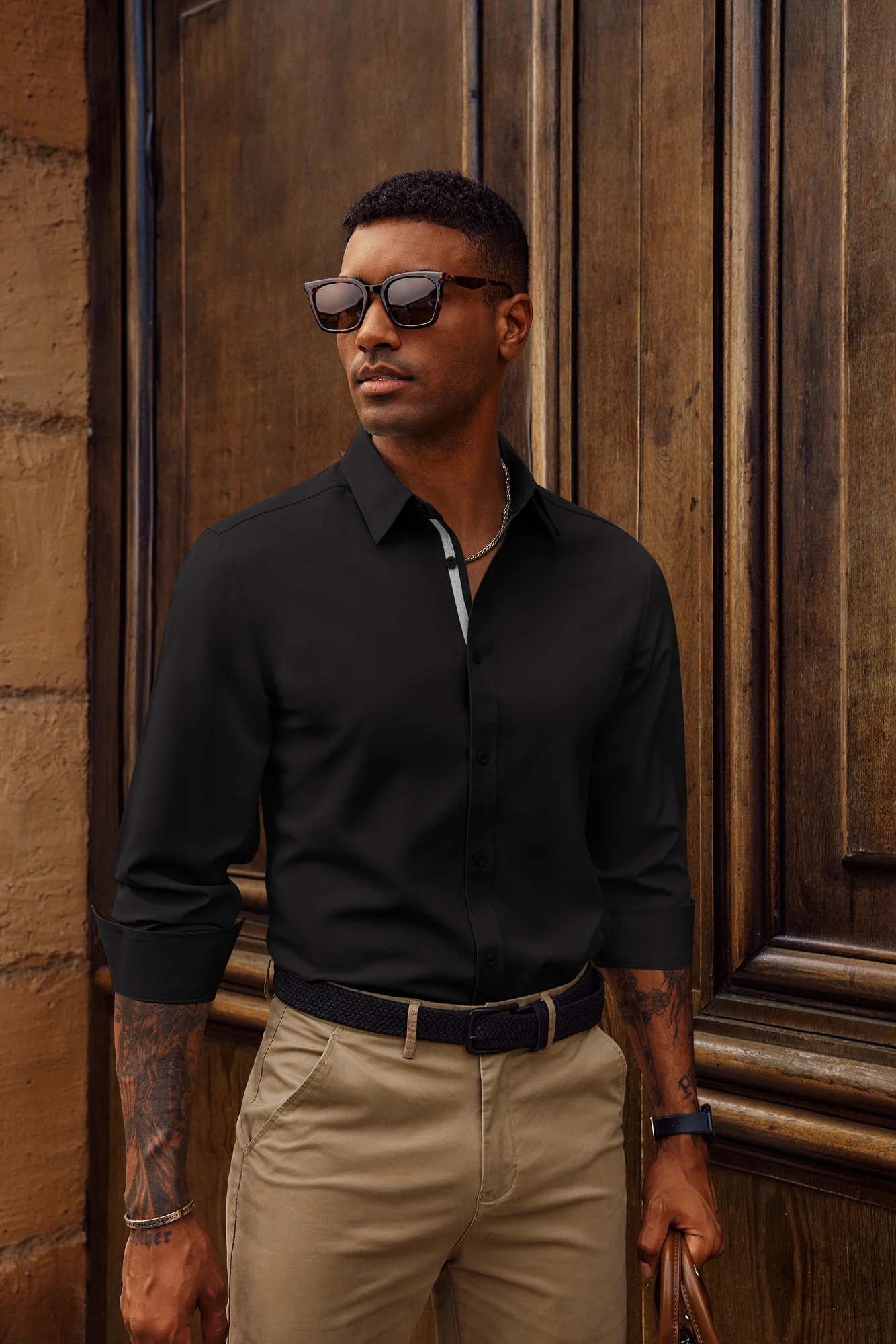 Men Classic Collar Shirt Casual Long Sleeve Curved Hem Button-up Tops - Image 16