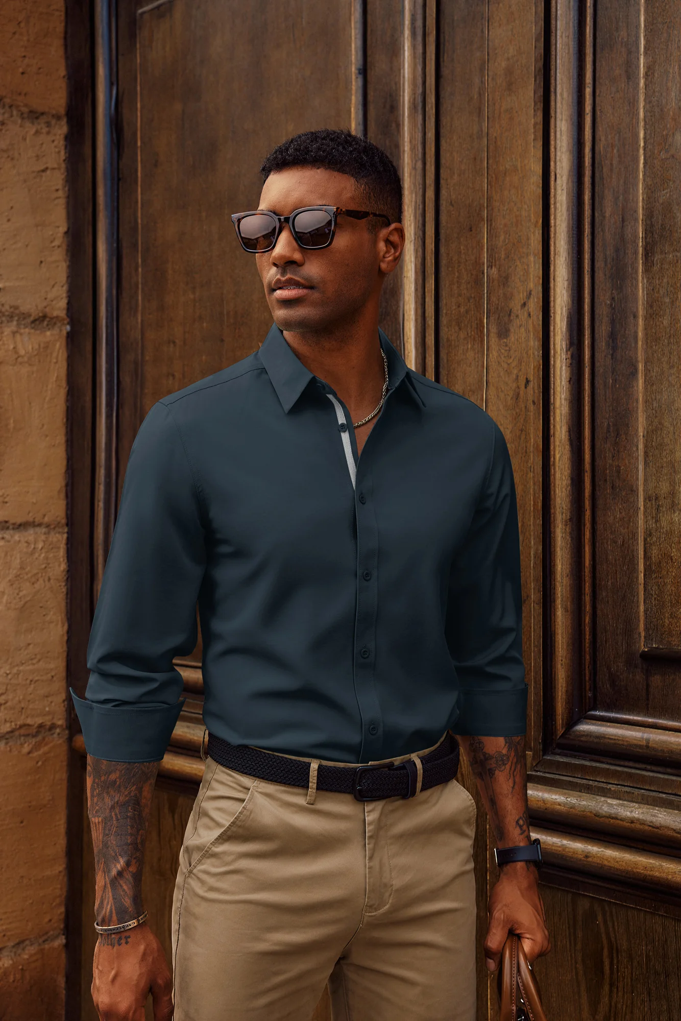 Men Classic Collar Shirt Casual Long Sleeve Curved Hem Button-up Tops - Image 22