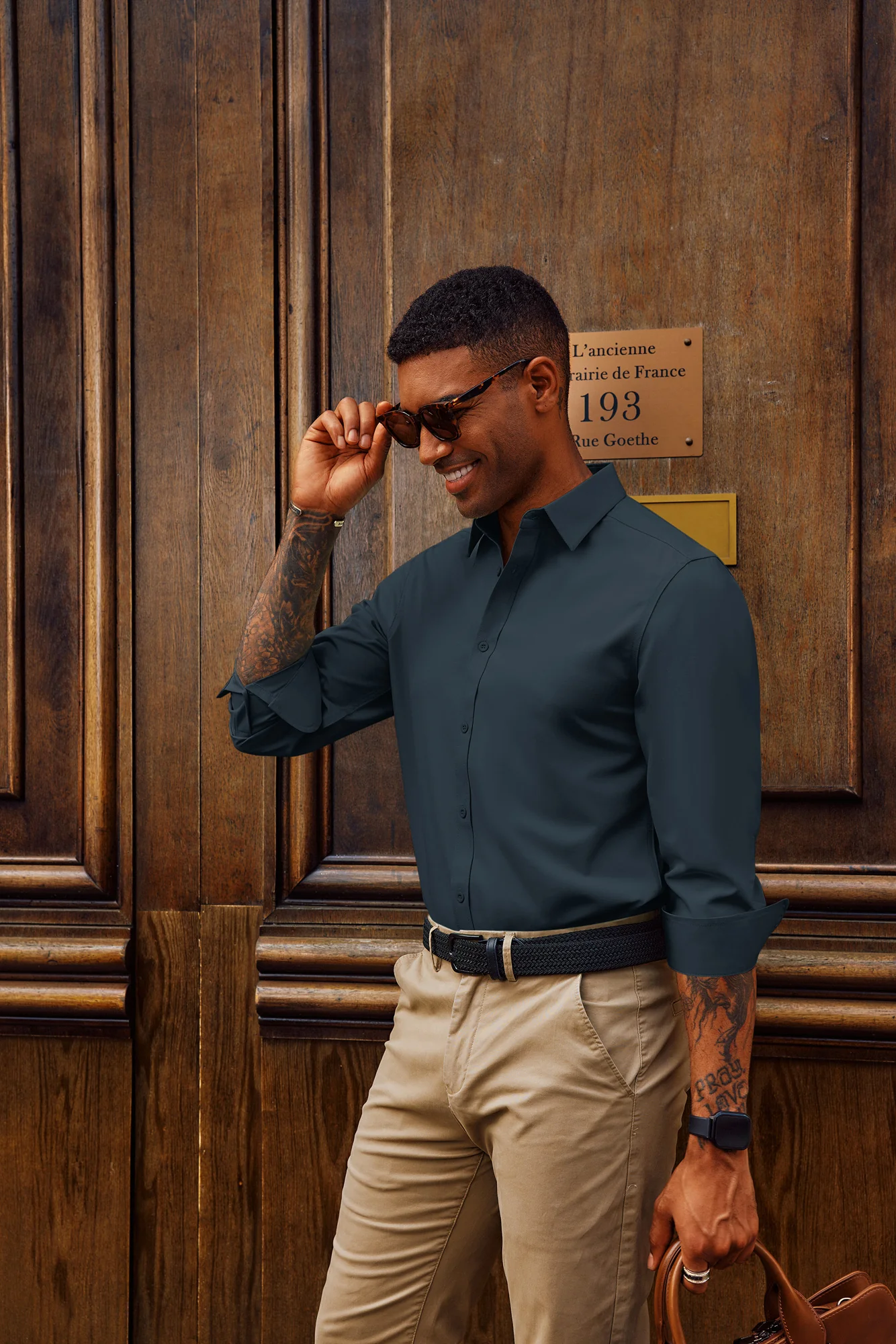 Men Classic Collar Shirt Casual Long Sleeve Curved Hem Button-up Tops - Image 24