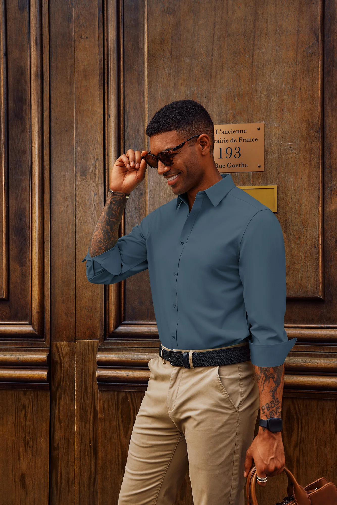 Men Classic Collar Shirt Casual Long Sleeve Curved Hem Button-up Tops - Image 33