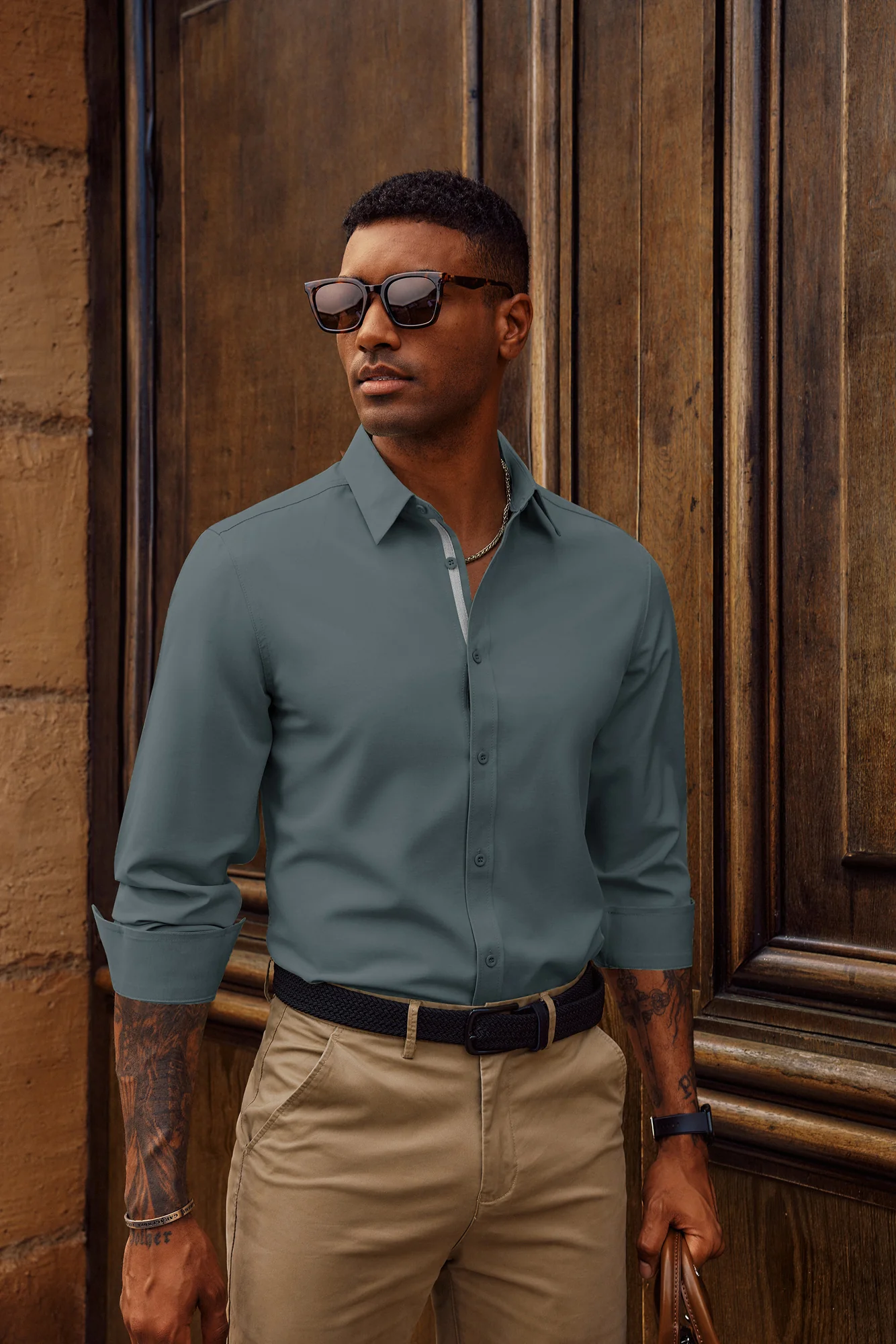 Men Classic Collar Shirt Casual Long Sleeve Curved Hem Button-up Tops - Image 41