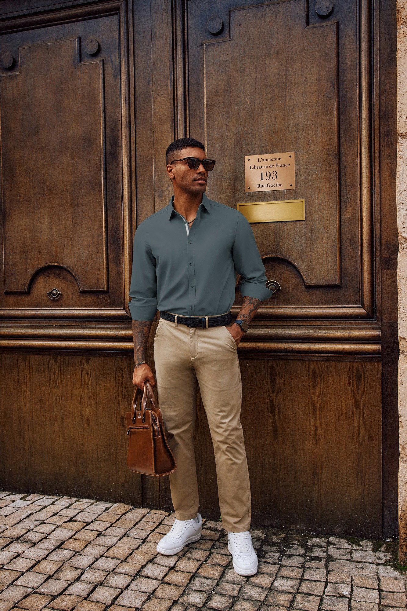 Men Classic Collar Shirt Casual Long Sleeve Curved Hem Button-up Tops - Image 45