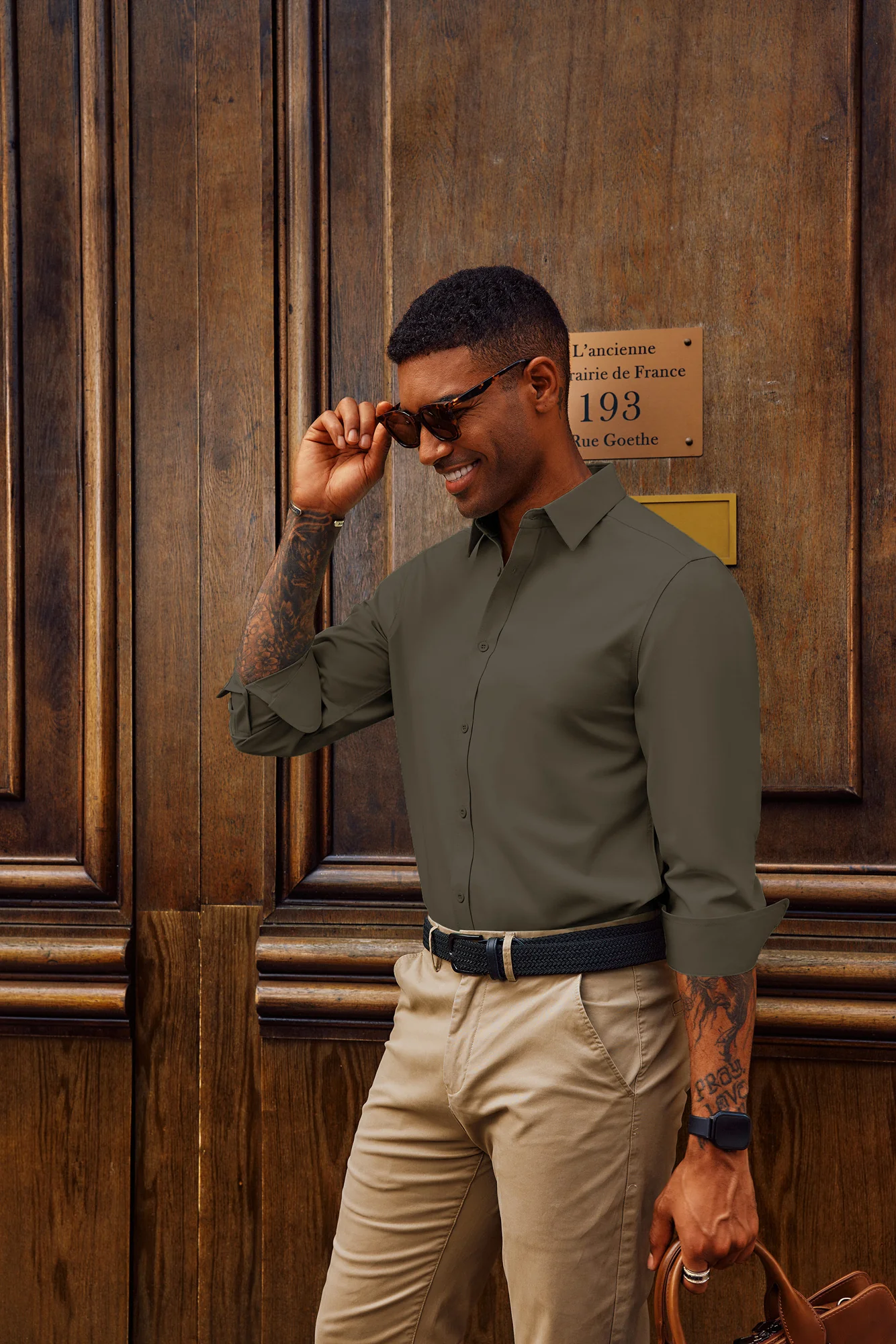 Men Classic Collar Shirt Casual Long Sleeve Curved Hem Button-up Tops - Image 53