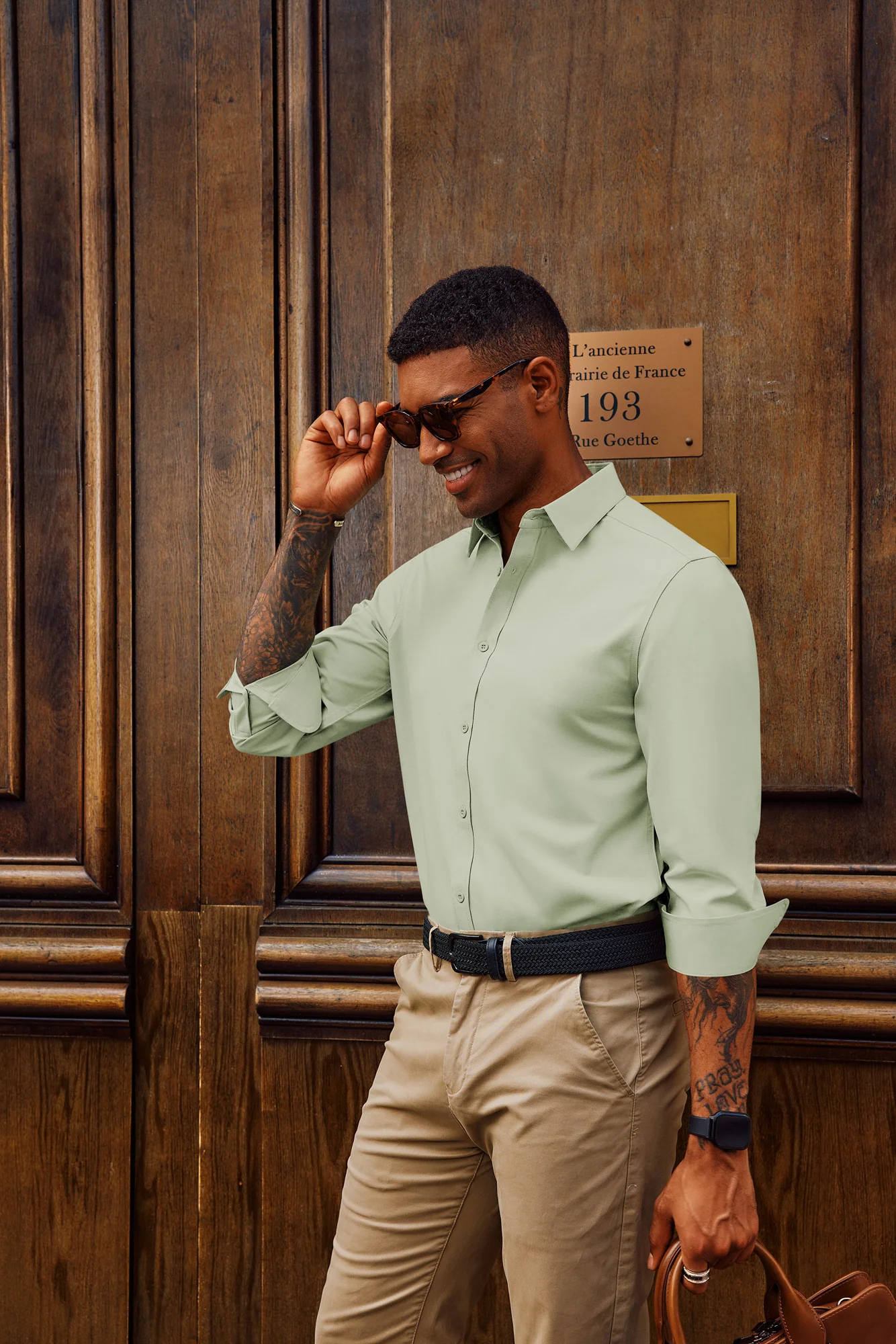 Men Classic Collar Shirt Casual Long Sleeve Curved Hem Button-up Tops - Image 6