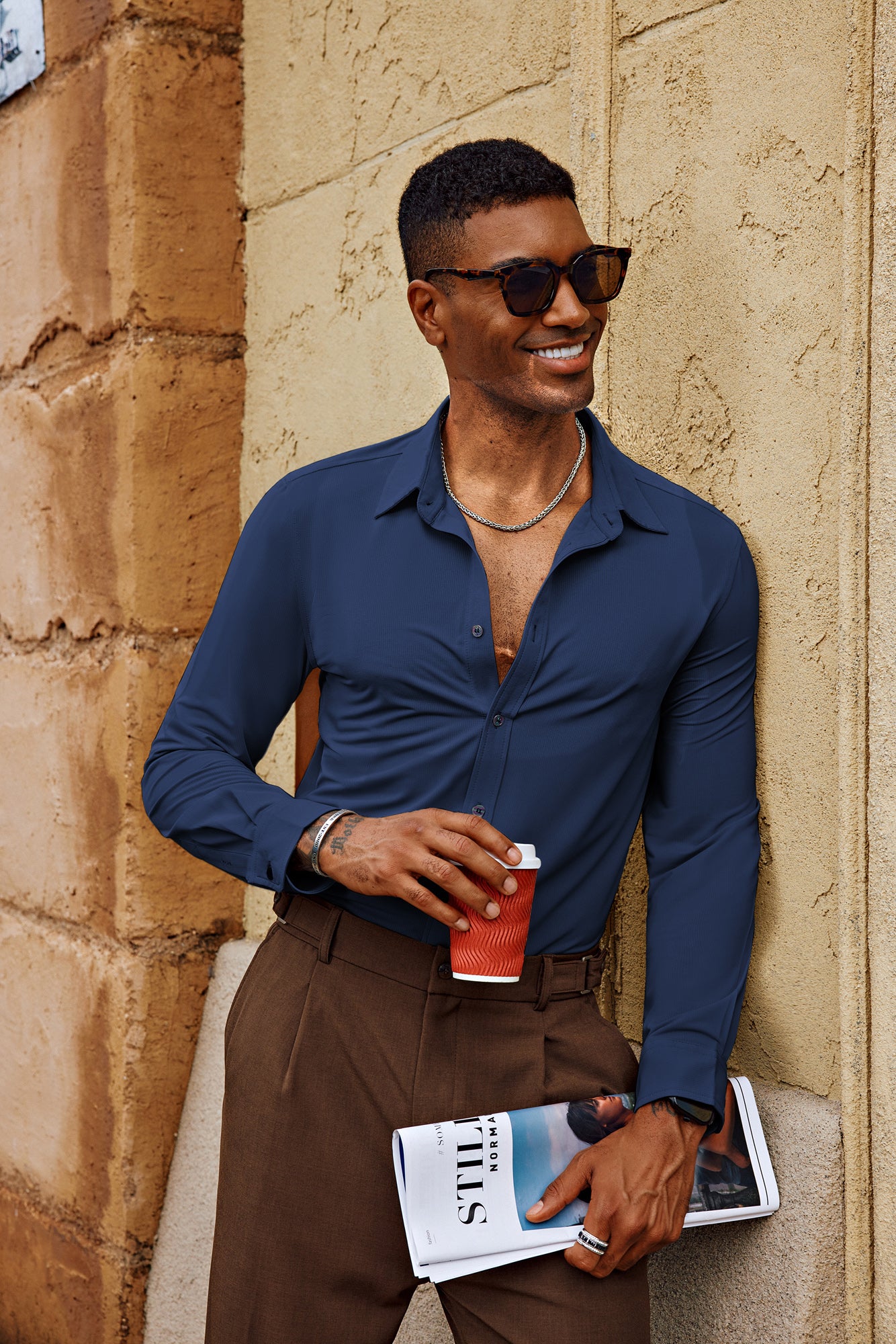 Men Classic Collar Shirt Casual Long Sleeve Stretchy Button-up Tops - Image 33