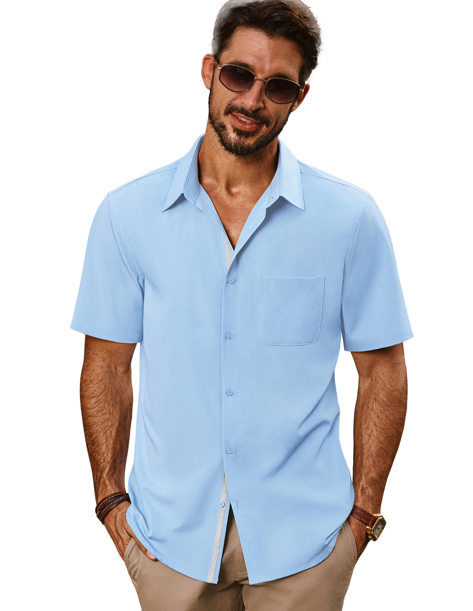 Men Classic Collar Shirt Casual Short Sleeve Curved Hem Button-up Tops - Image 16