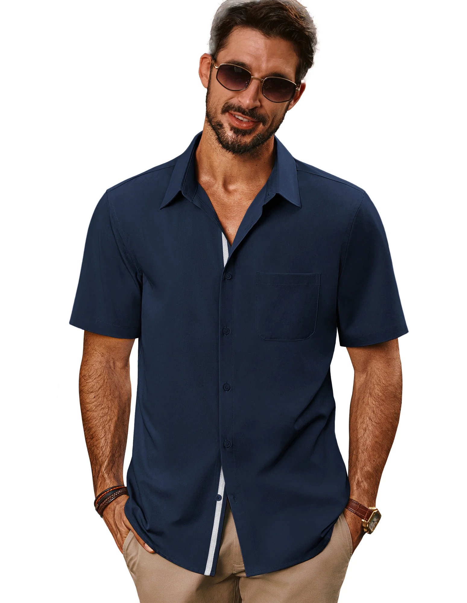 Men Classic Collar Shirt Casual Short Sleeve Curved Hem Button-up Tops - Image 31