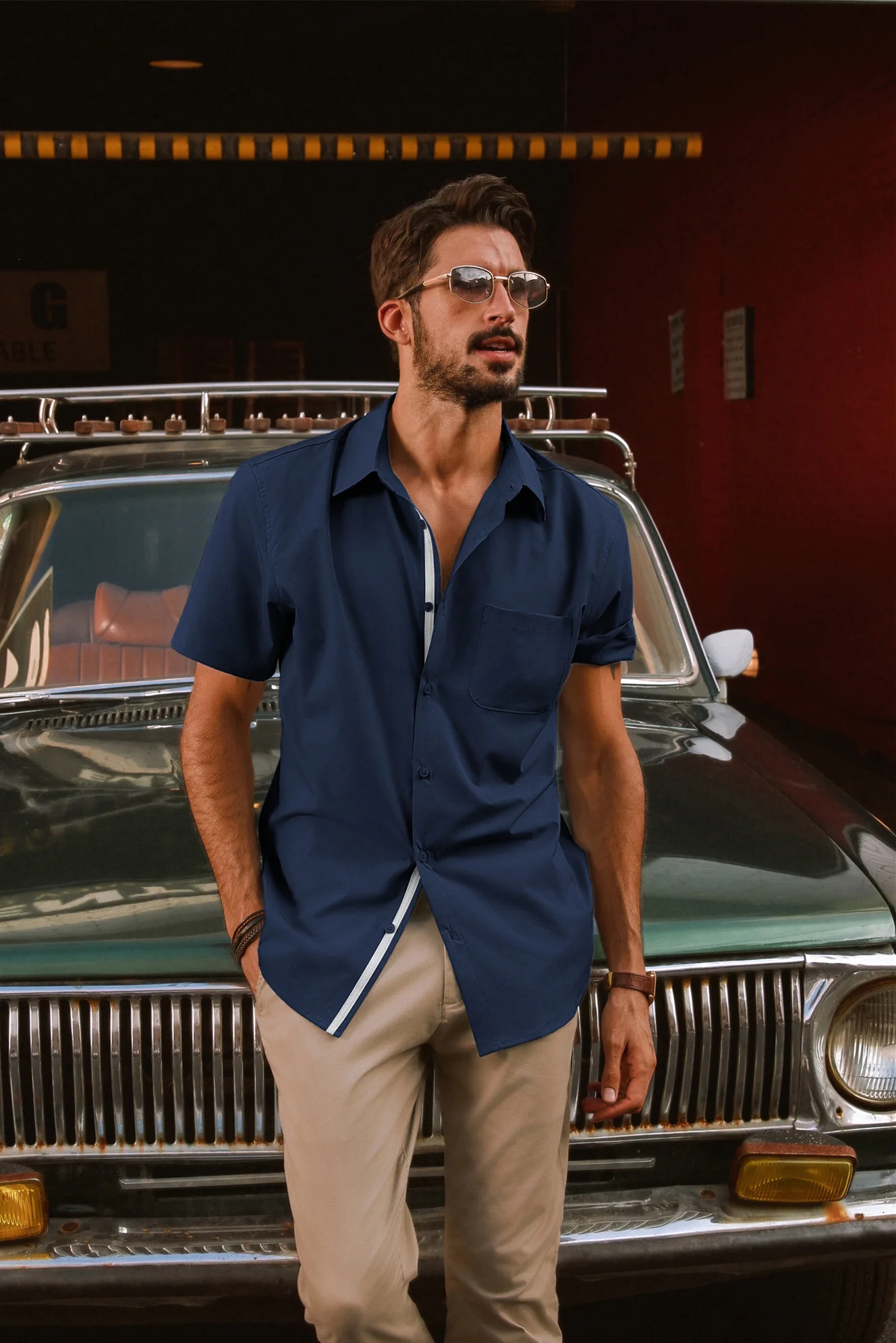 Men Classic Collar Shirt Casual Short Sleeve Curved Hem Button-up Tops - Image 33
