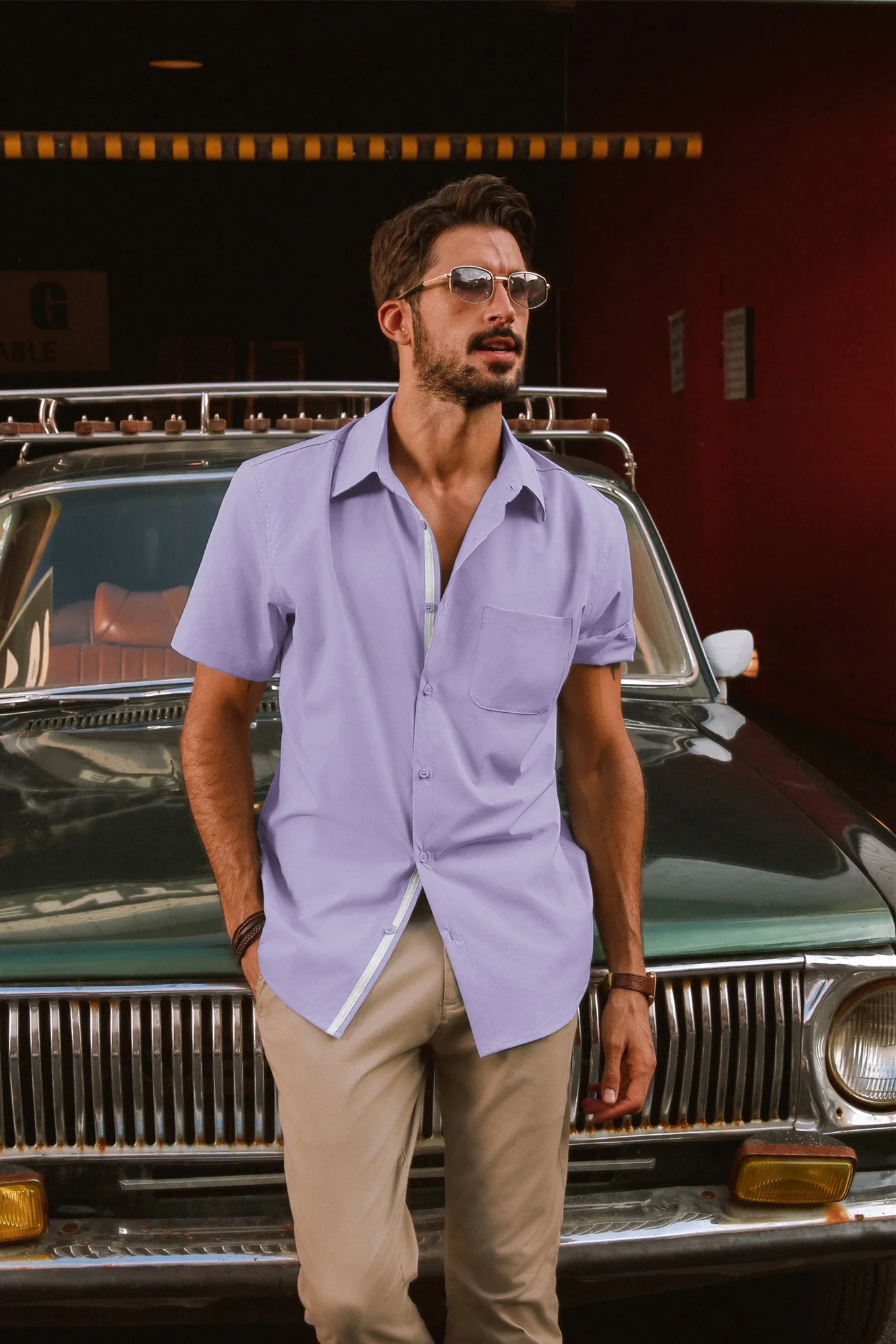 Men Classic Collar Shirt Casual Short Sleeve Curved Hem Button-up Tops - Image 53