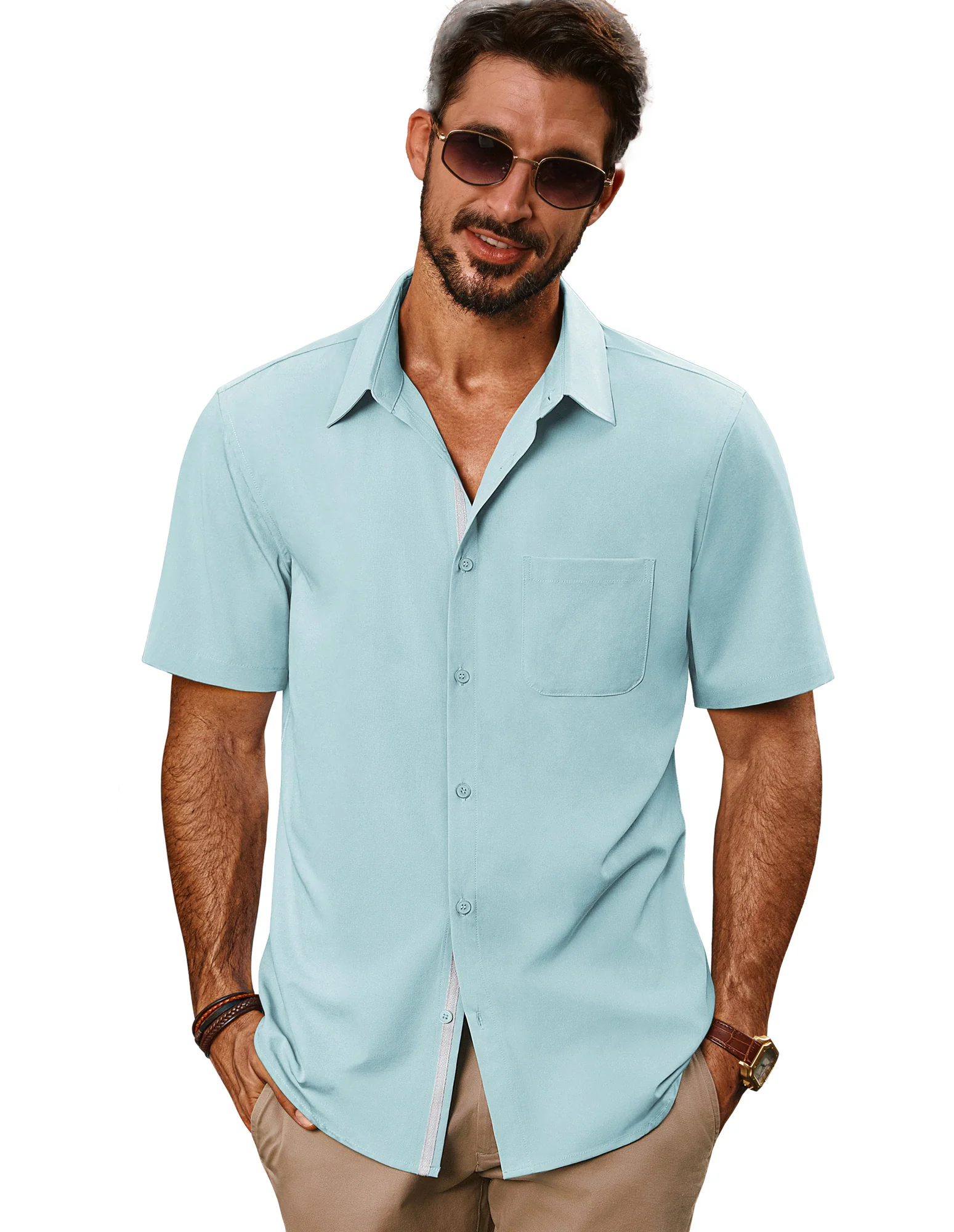 Men Classic Collar Shirt Casual Short Sleeve Curved Hem Button-up Tops - Image 56