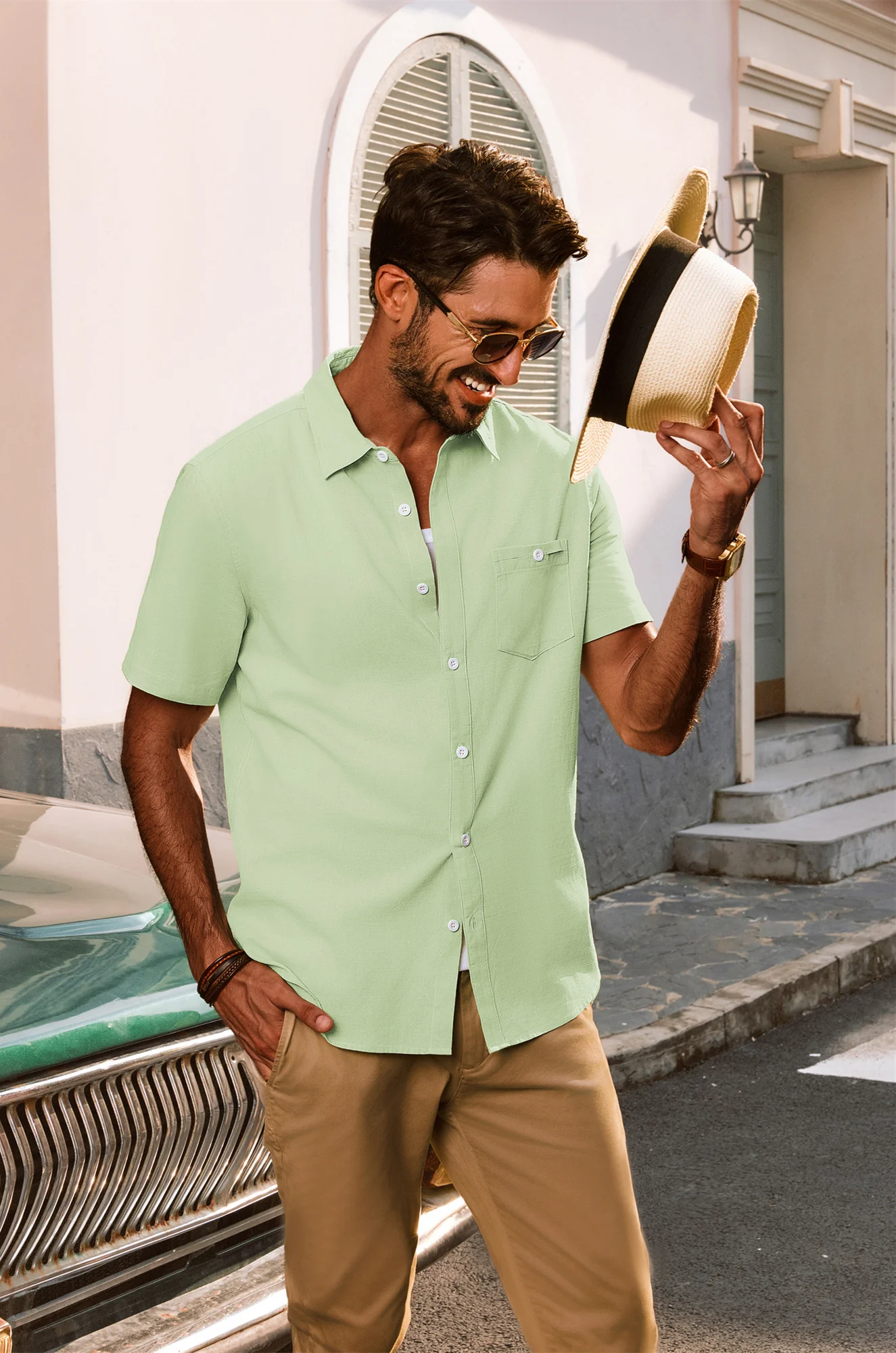 Men Classic Collar Shirt Casual Short Sleeve Curved Hem Button-up Tops - Image 34