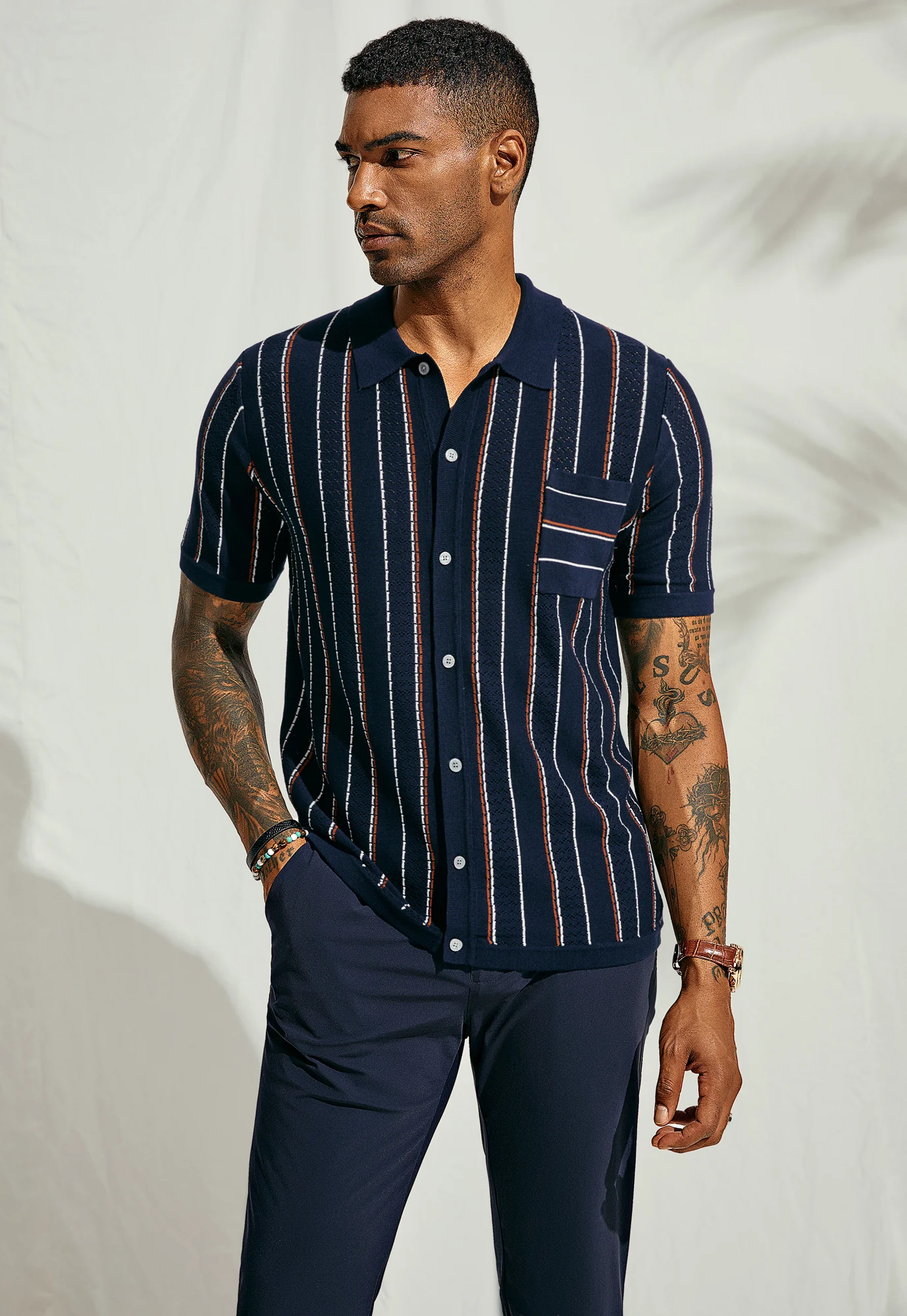 Men Contrast Color Cardigan Short Sleeve Knit Shirt Lapel Collar Button-up Sweater - Image 10