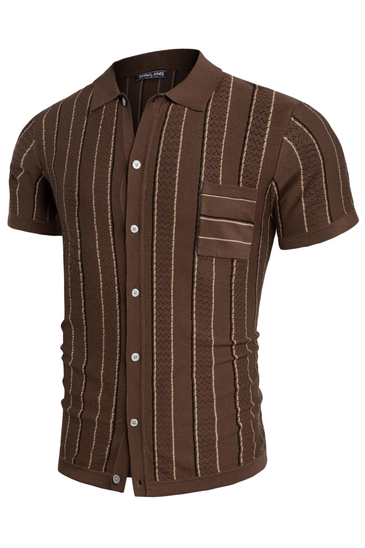 Men Contrast Color Cardigan Short Sleeve Knit Shirt Lapel Collar Button-up Sweater - Image 11