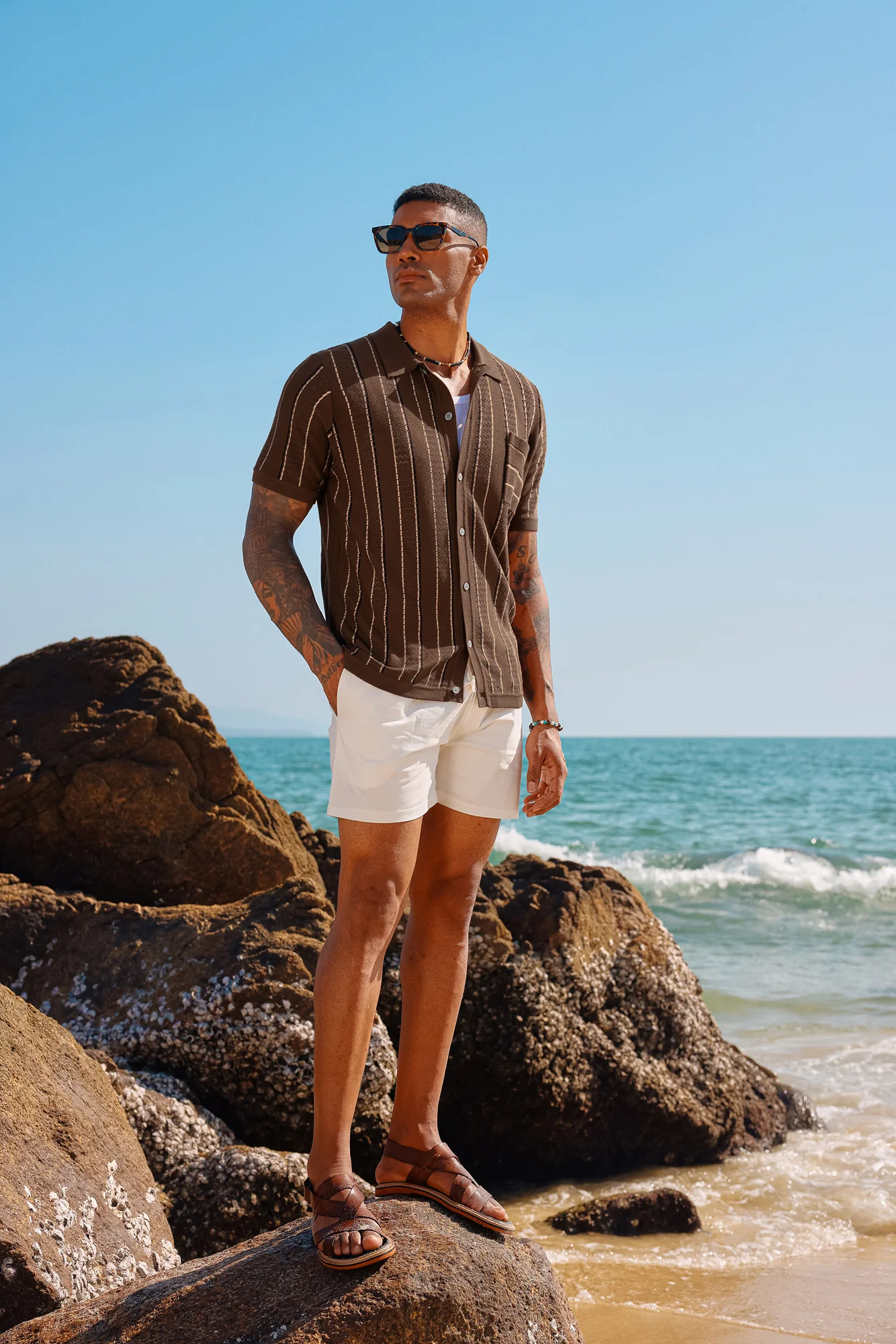 Men Contrast Color Cardigan Short Sleeve Knit Shirt Lapel Collar Button-up Sweater - Image 13