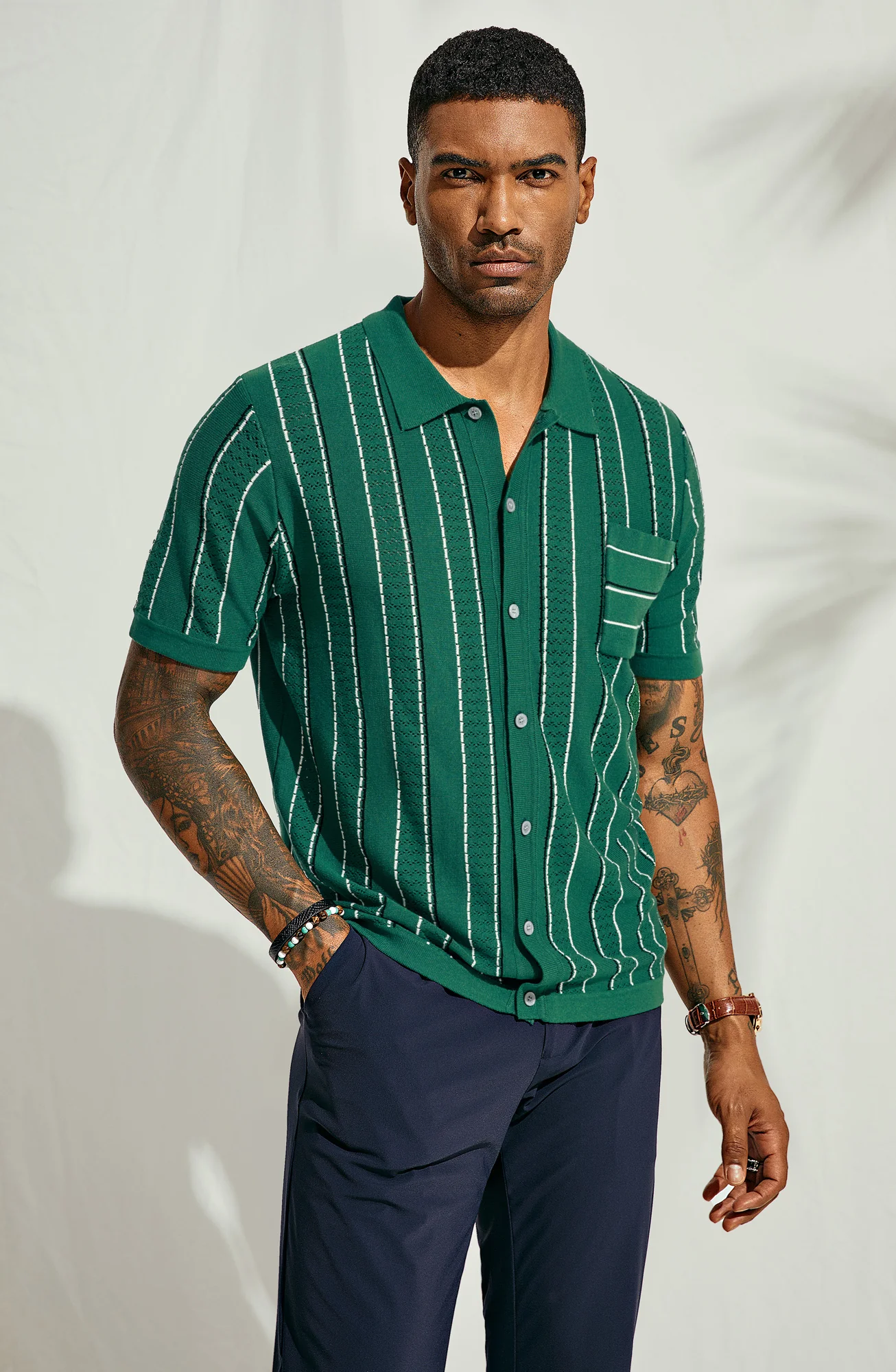 Men Contrast Color Cardigan Short Sleeve Knit Shirt Lapel Collar Button-up Sweater - Image 16