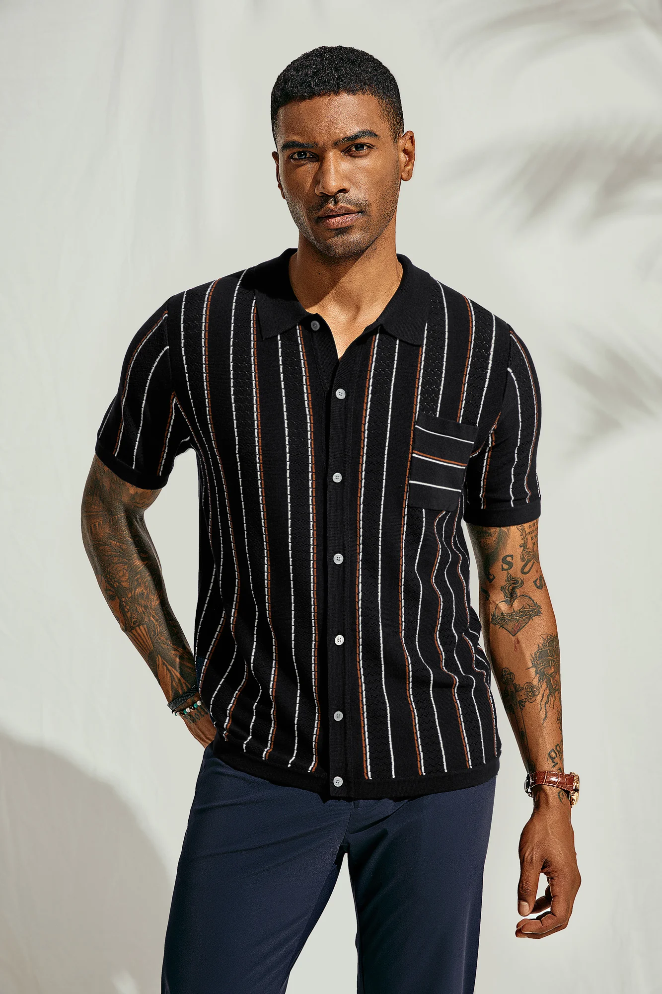 Men Contrast Color Cardigan Short Sleeve Knit Shirt Lapel Collar Button-up Sweater - Image 4