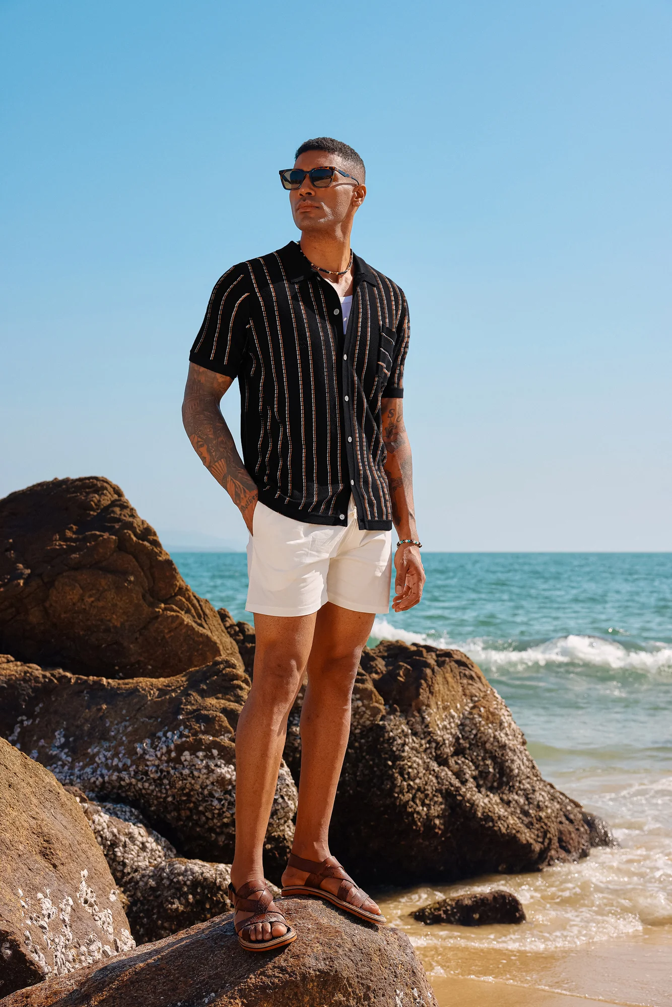 Men Contrast Color Cardigan Short Sleeve Knit Shirt Lapel Collar Button-up Sweater - Image 6
